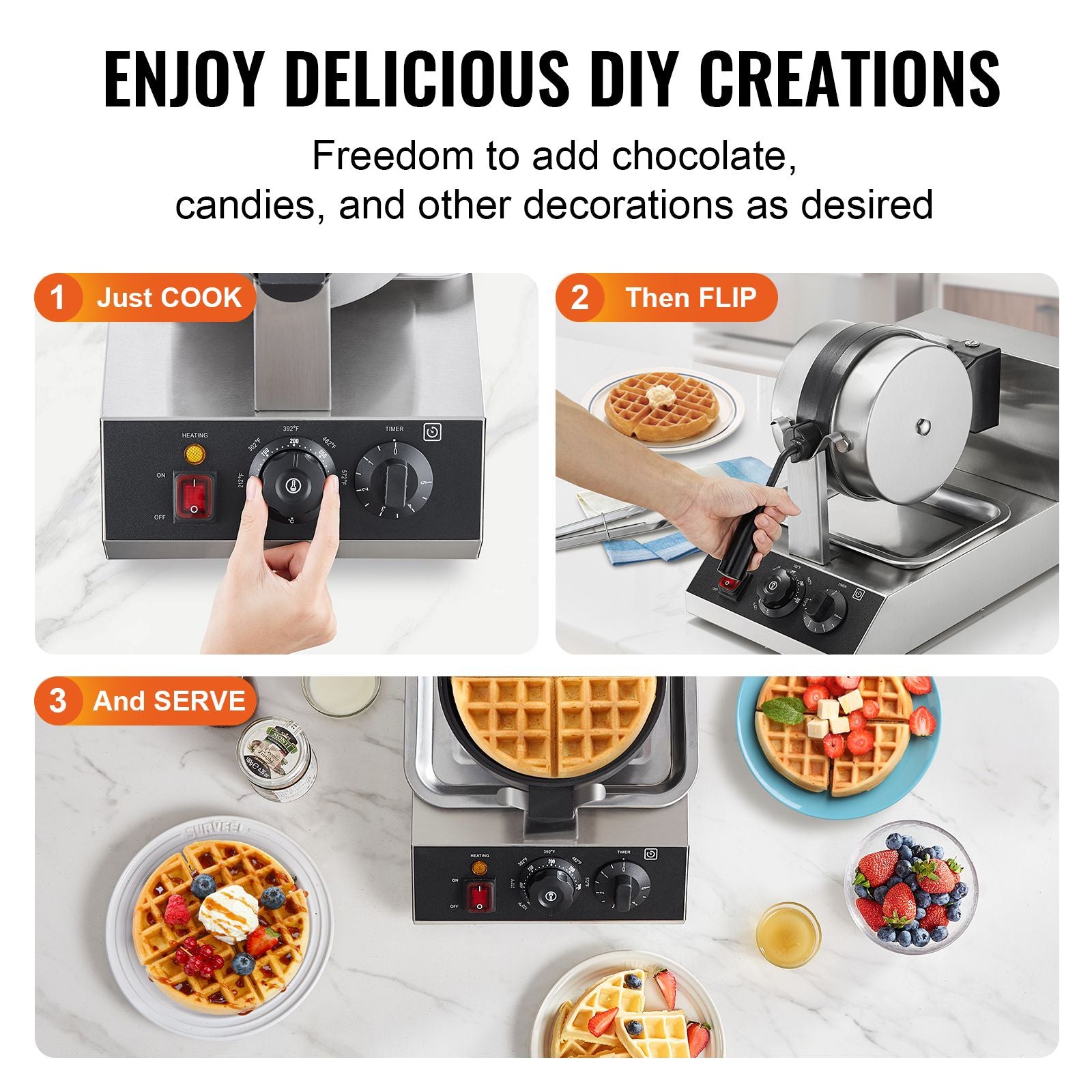Commercial Waffle Maker, 1300W Round Waffle Baker Machine, Non-Stick Stainless Steel Belgian Waffle Iron, Temperature and Time Control, 180° Rotatable, for Restaurant Bakery Snack Bar Family