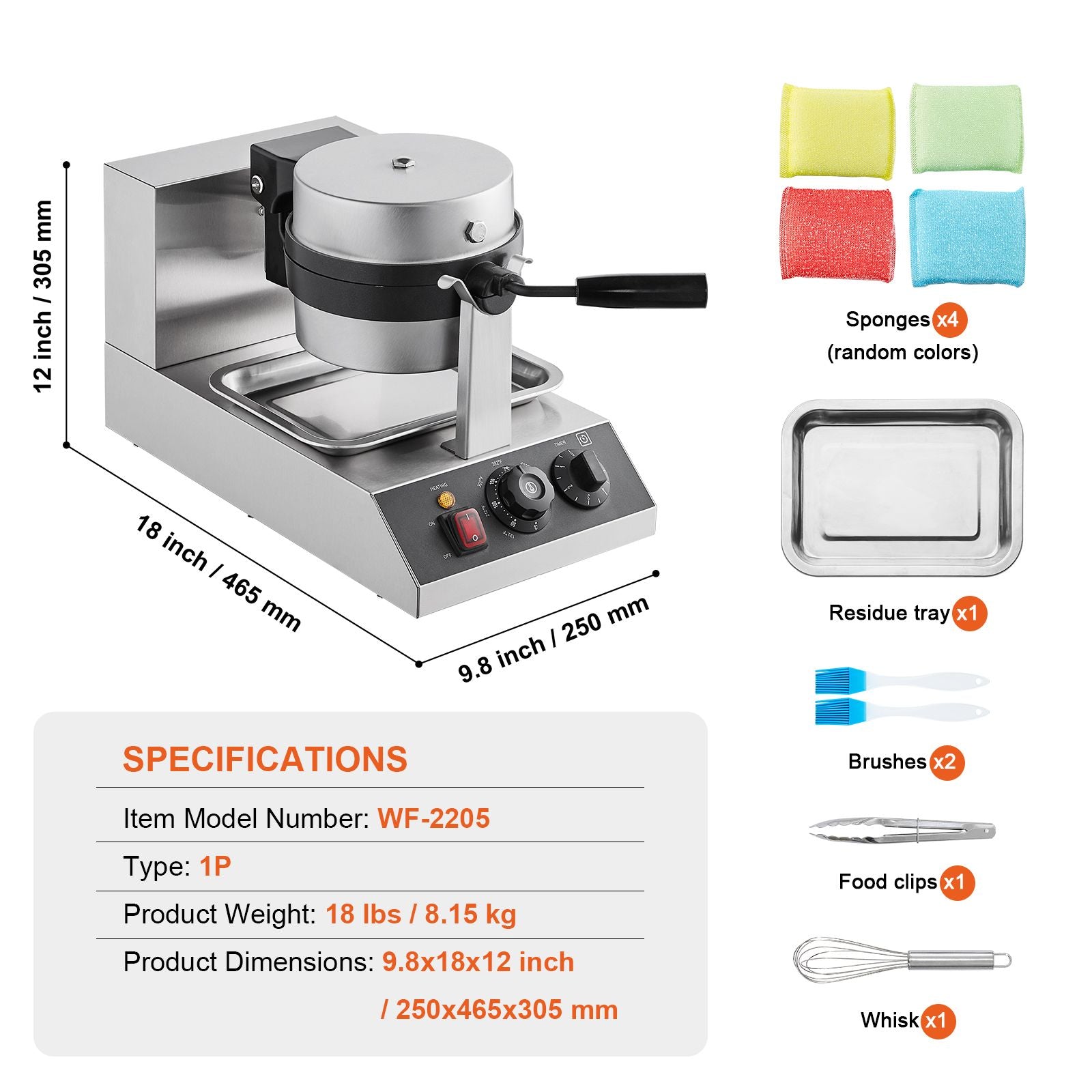 Commercial Waffle Maker, 1300W Round Waffle Baker Machine, Non-Stick Stainless Steel Belgian Waffle Iron, Temperature and Time Control, 180° Rotatable, for Restaurant Bakery Snack Bar Family
