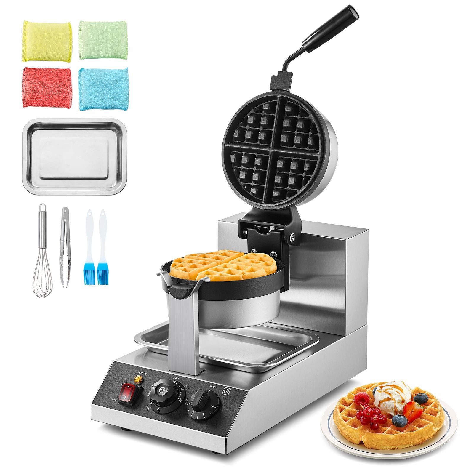 Commercial Waffle Maker, 1300W Round Waffle Baker Machine, Non-Stick Stainless Steel Belgian Waffle Iron, Temperature and Time Control, 180° Rotatable, for Restaurant Bakery Snack Bar Family