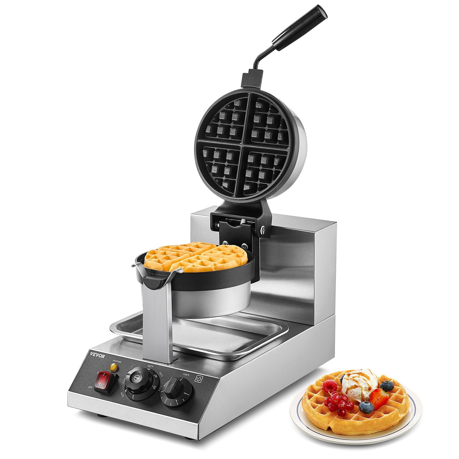 Commercial Waffle Maker, 1300W Round Waffle Baker Machine, Non-Stick Stainless Steel Belgian Waffle Iron, Temperature and Time Control, 180° Rotatable, for Restaurant Bakery Snack Bar Family