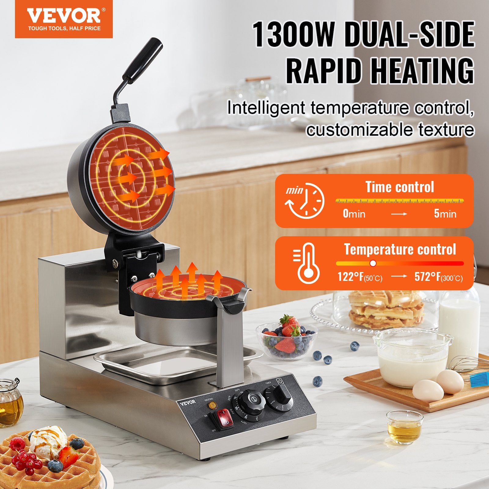 Commercial Waffle Maker, 1300W Round Waffle Baker Machine, Non-Stick Stainless Steel Belgian Waffle Iron, Temperature and Time Control, 180° Rotatable, for Restaurant Bakery Snack Bar Family