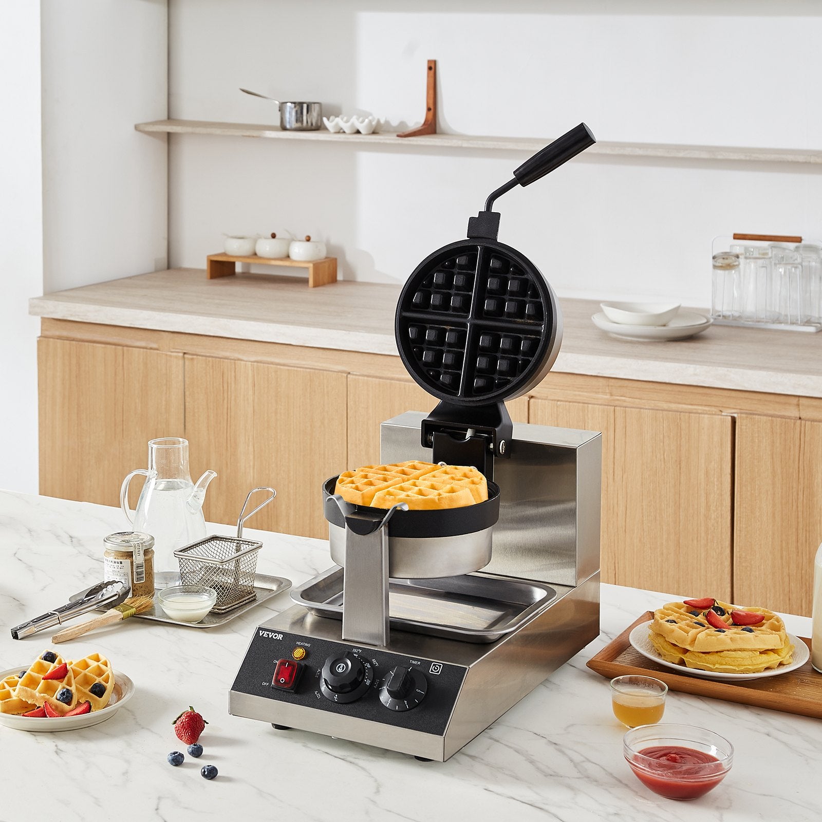 Commercial Waffle Maker, 1300W Round Waffle Baker Machine, Non-Stick Stainless Steel Belgian Waffle Iron, Temperature and Time Control, 180° Rotatable, for Restaurant Bakery Snack Bar Family