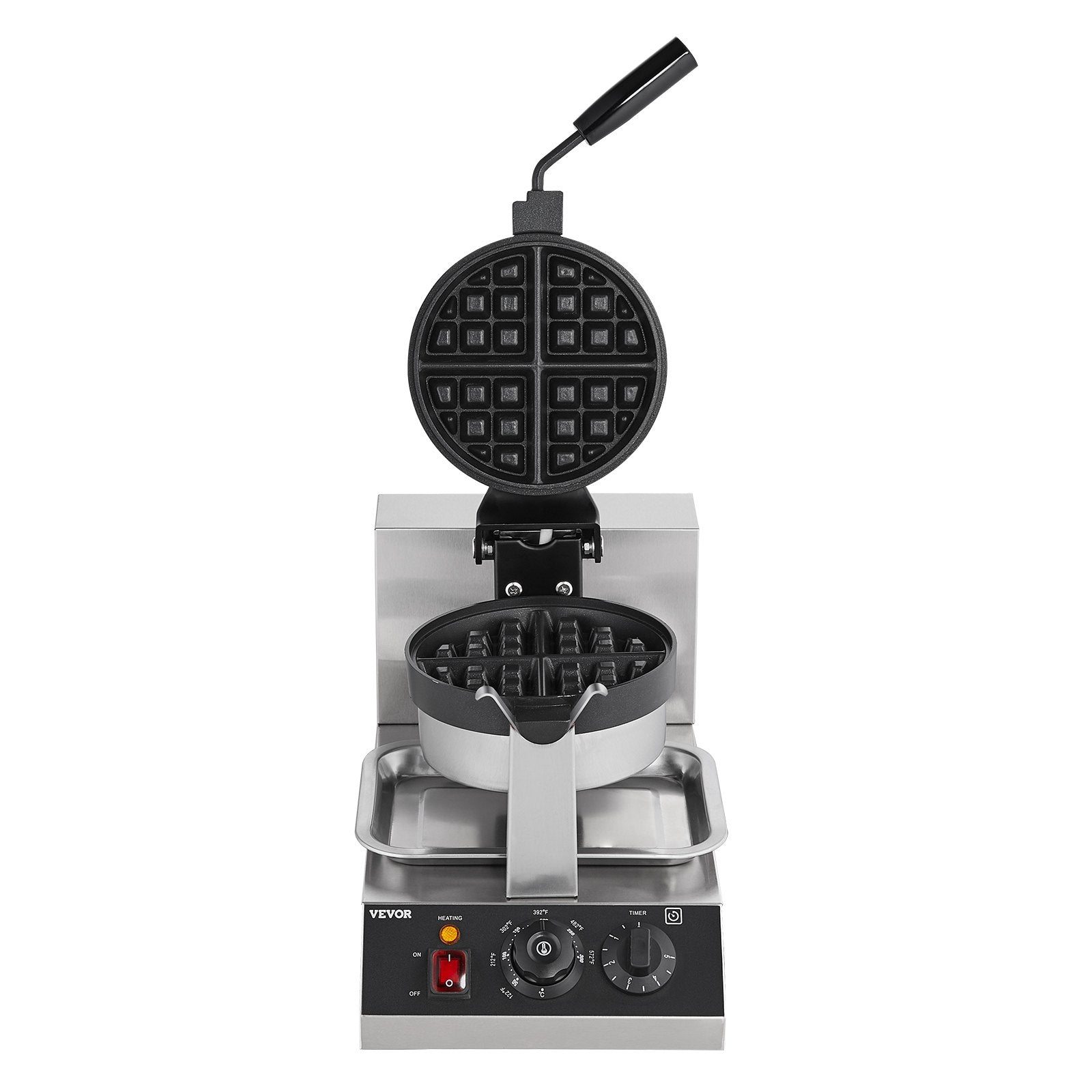 Commercial Waffle Maker, 1300W Round Waffle Baker Machine, Non-Stick Stainless Steel Belgian Waffle Iron, Temperature and Time Control, 180° Rotatable, for Restaurant Bakery Snack Bar Family