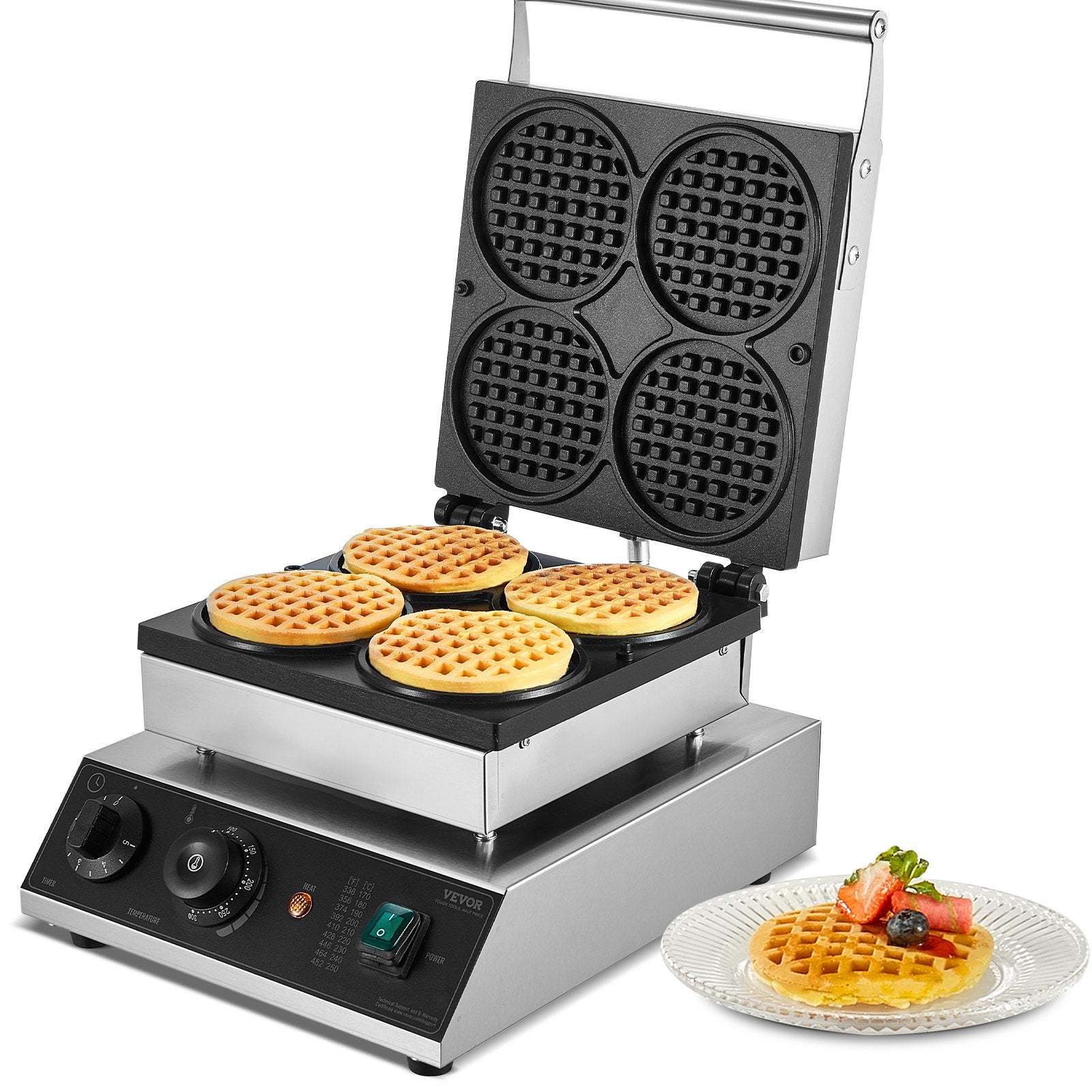 Commercial Waffle Maker, 4PCS Round Waffle Baker Machine,1750W Non-Stick Stainless Steel Belgian Waffle Iron with Temperature and Time Control, for Restaurant Bakery Snack Bar Family