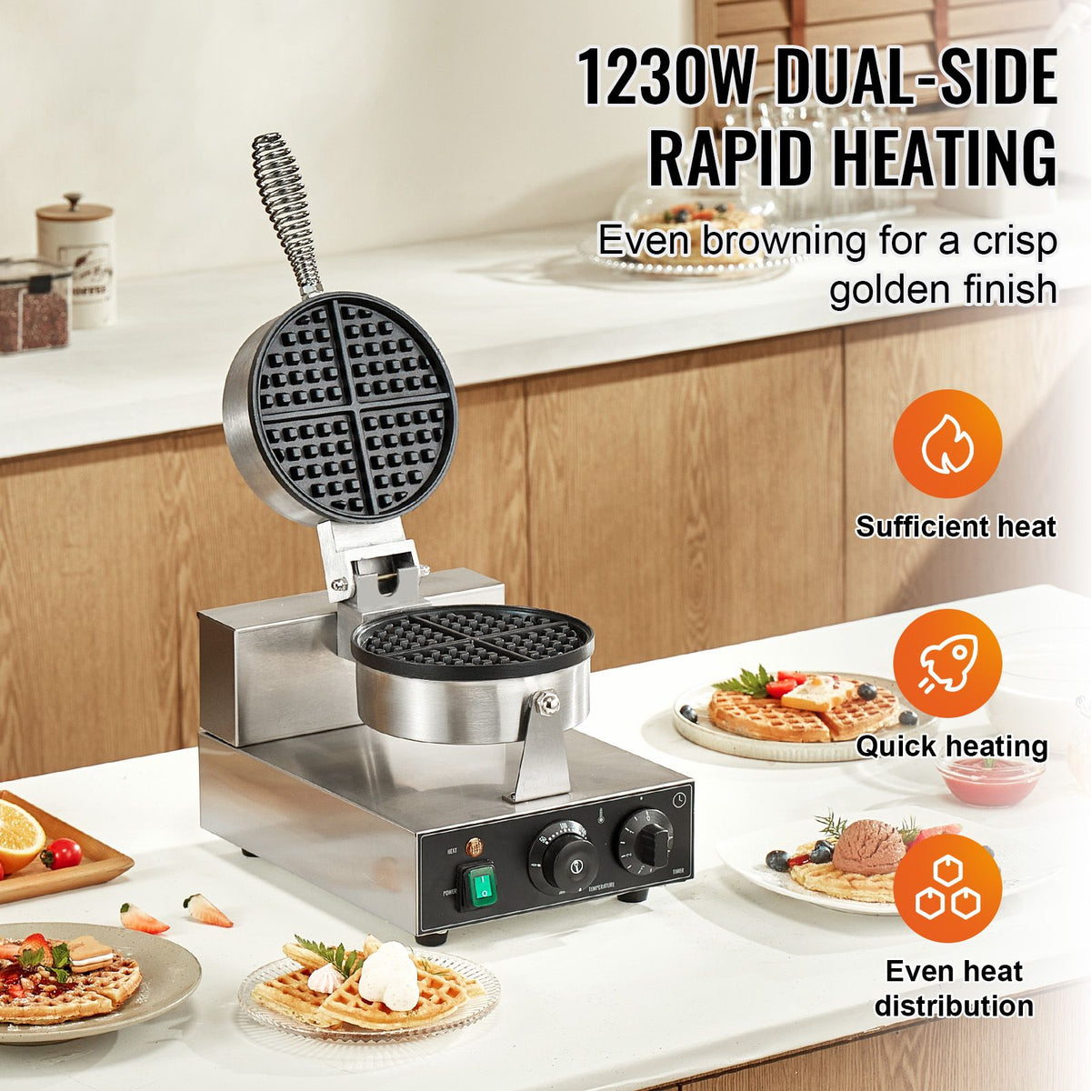 Commercial Waffle Maker 1230W Round Belgian Waffle Iron Non-Stick Stainless
