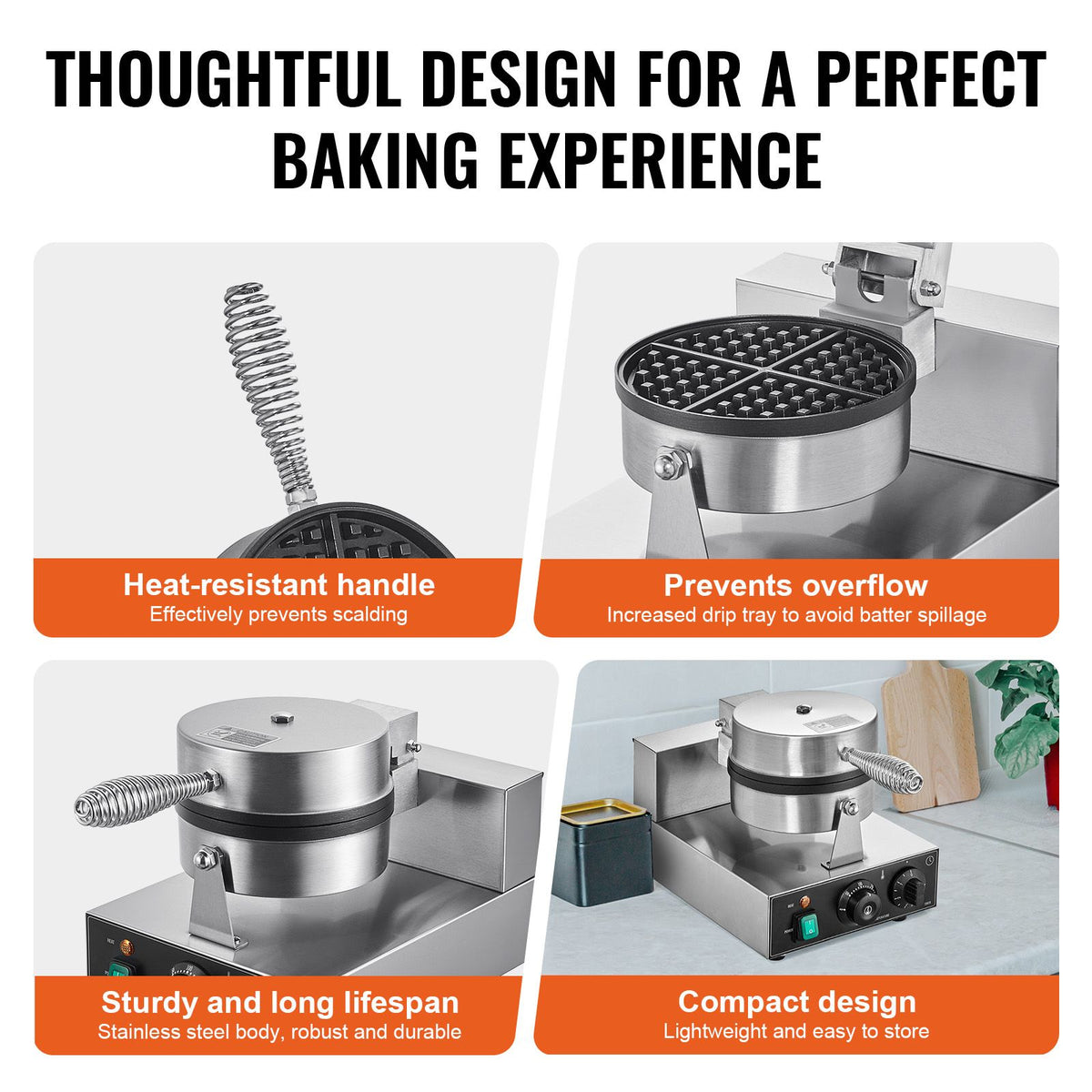 Commercial Waffle Maker 1230W Round Belgian Waffle Iron Non-Stick Stainless