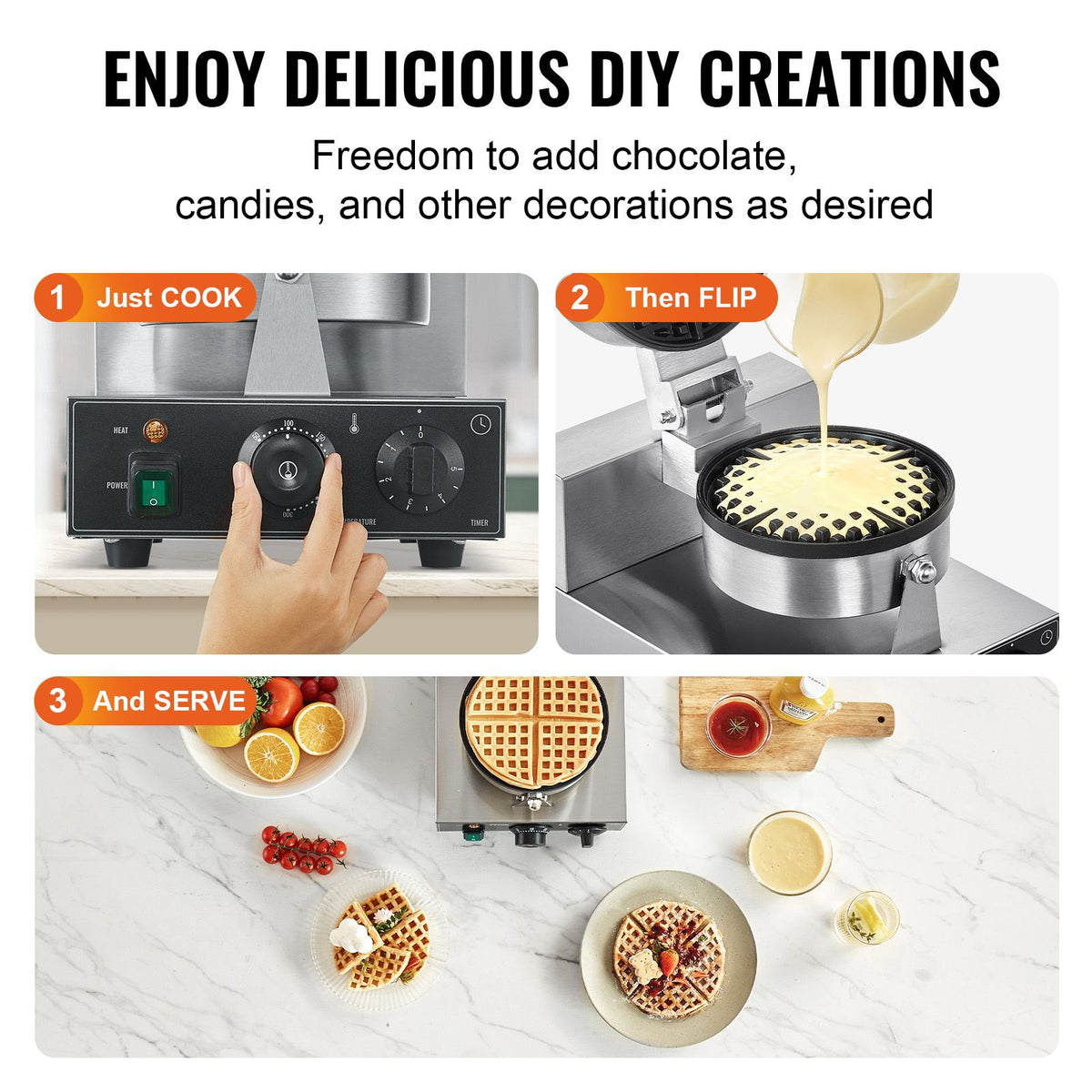 Commercial Waffle Maker 1230W Round Belgian Waffle Iron Non-Stick Stainless