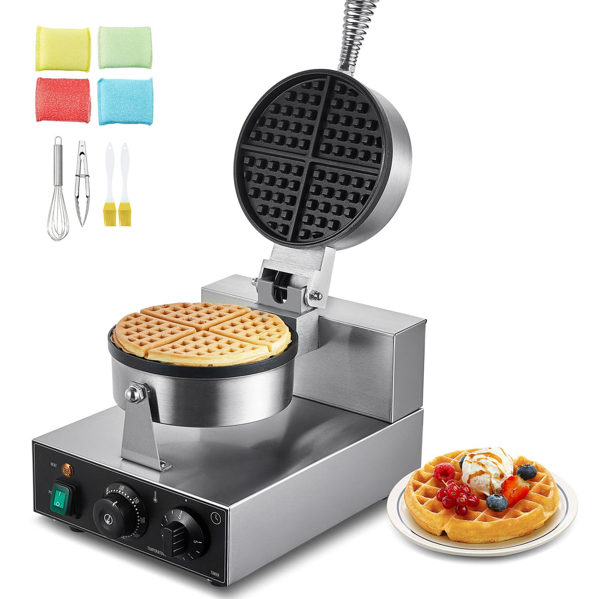 Commercial Waffle Maker 1230W Round Belgian Waffle Iron Non-Stick Stainless