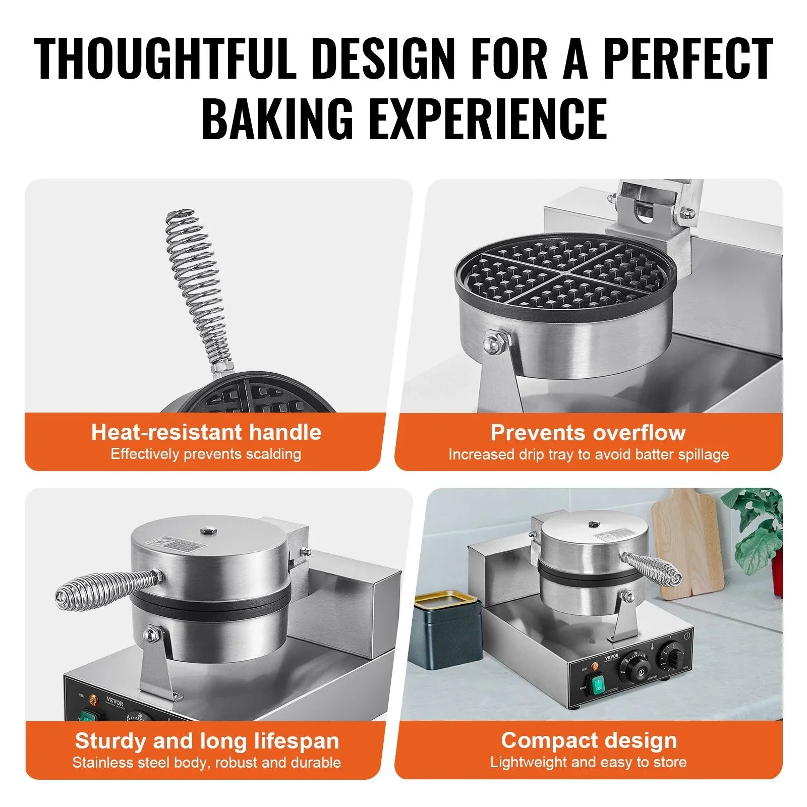 Commercial Waffle Maker, 1230W Round Waffle Baker Machine, Non-Stick Stainless Steel Belgian Waffle Iron with Temperature and Time Control, Handle, for Restaurant Bakery Snack Bar Family