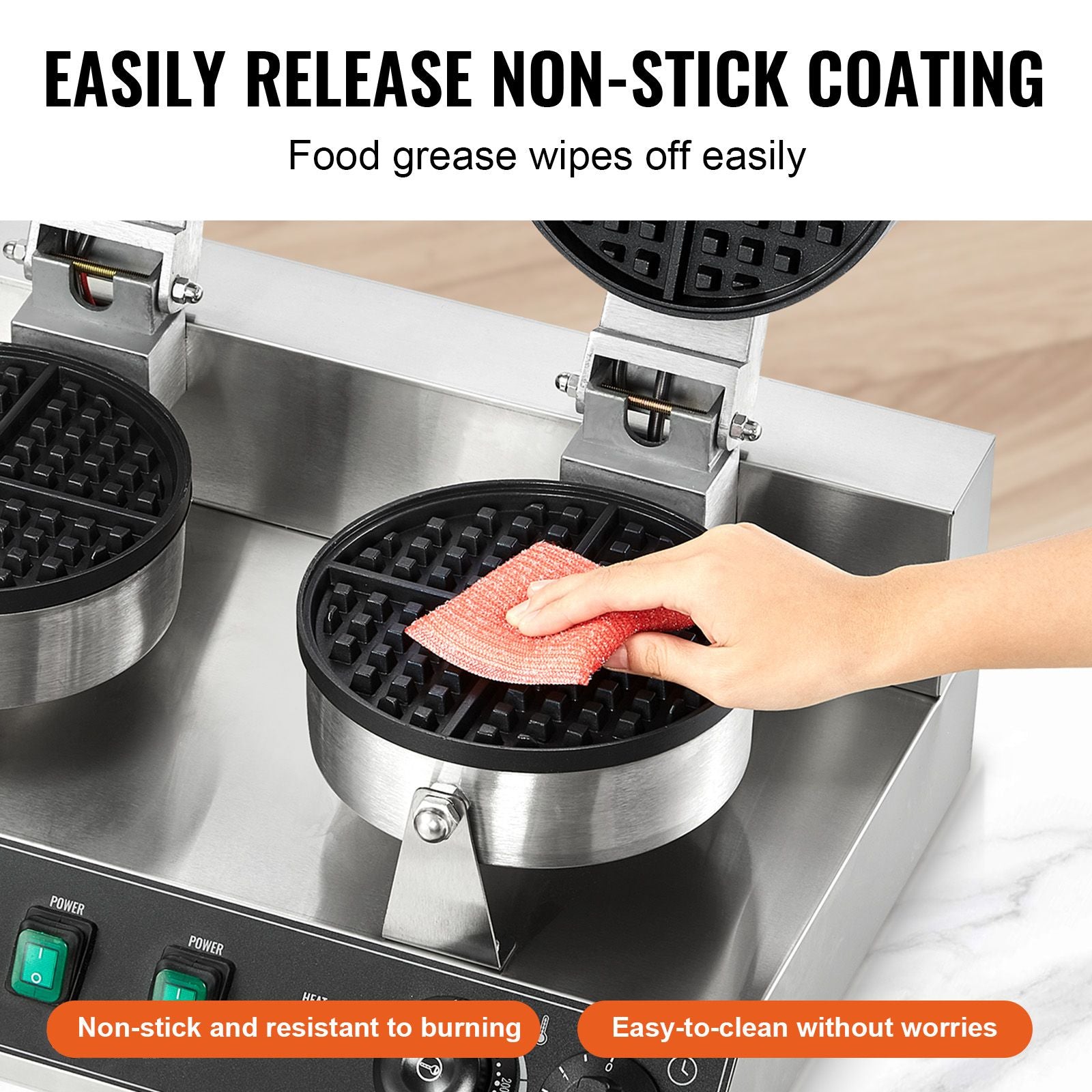 Commercial Dual Round Belgian Waffle Maker 2460W Non-Stick Stainless Steel