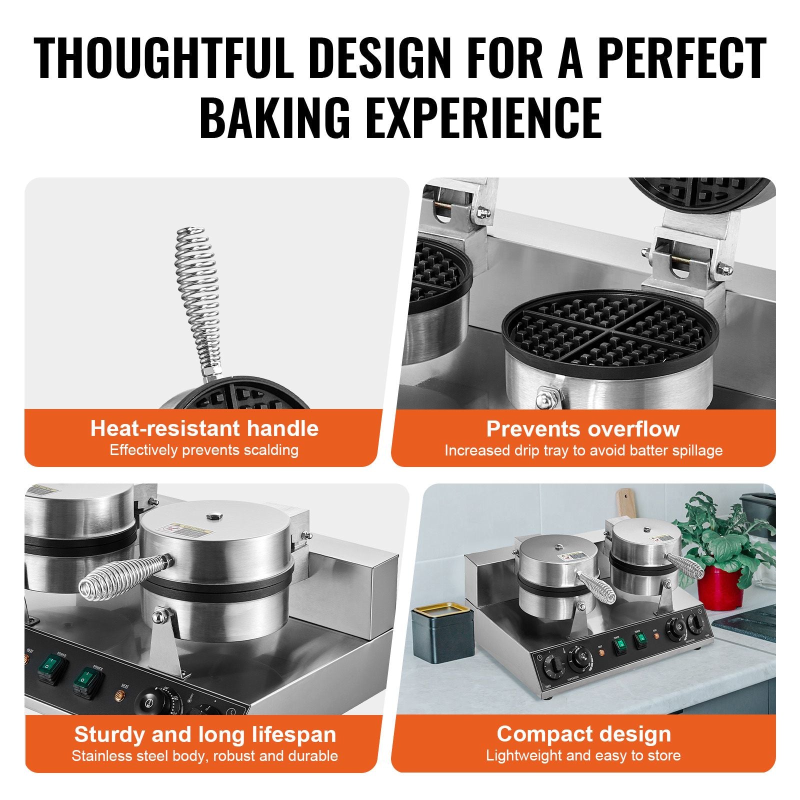 Commercial Dual Round Belgian Waffle Maker 2460W Non-Stick Stainless Steel