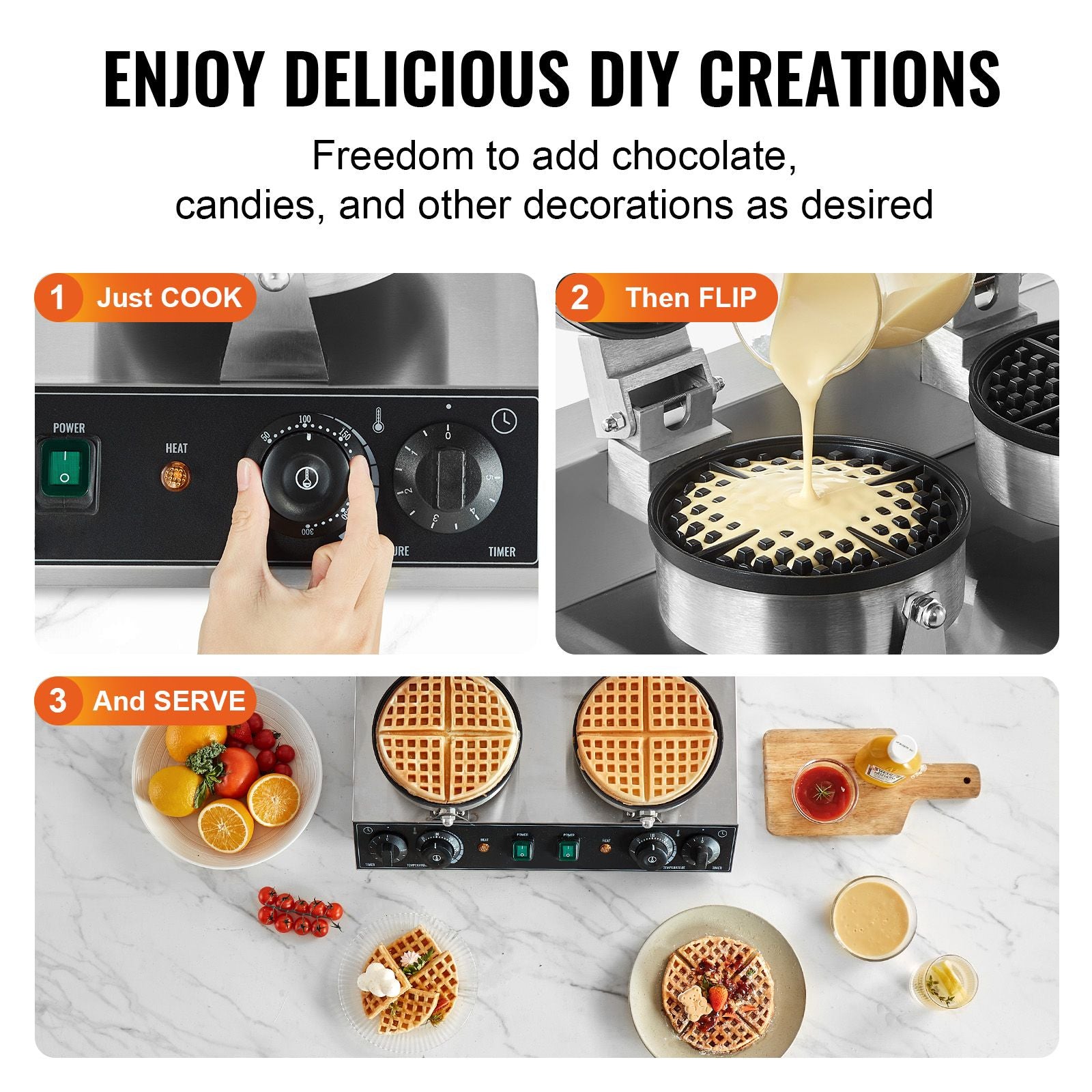 Commercial Dual Round Belgian Waffle Maker 2460W Non-Stick Stainless Steel