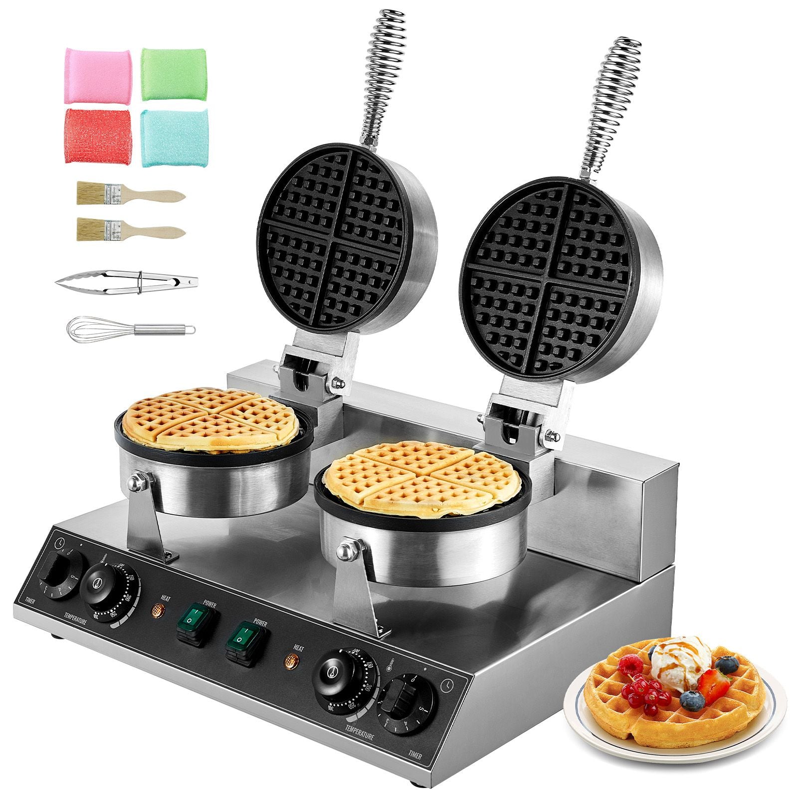 Commercial Dual Round Belgian Waffle Maker 2460W Non-Stick Stainless Steel