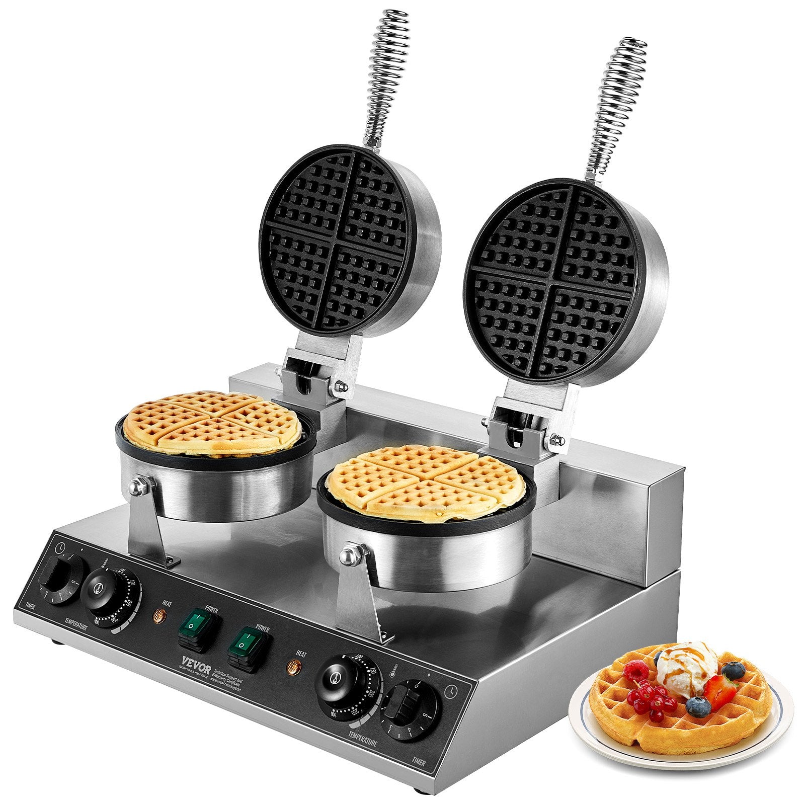 Commercial Waffle Maker, Dual-Head Round Waffle Baker Machine, 2460W Non-Stick Stainless Steel Belgian Waffle Iron with Temp and Time Control, Handle, for Restaurant Bakery Snack Bar Family