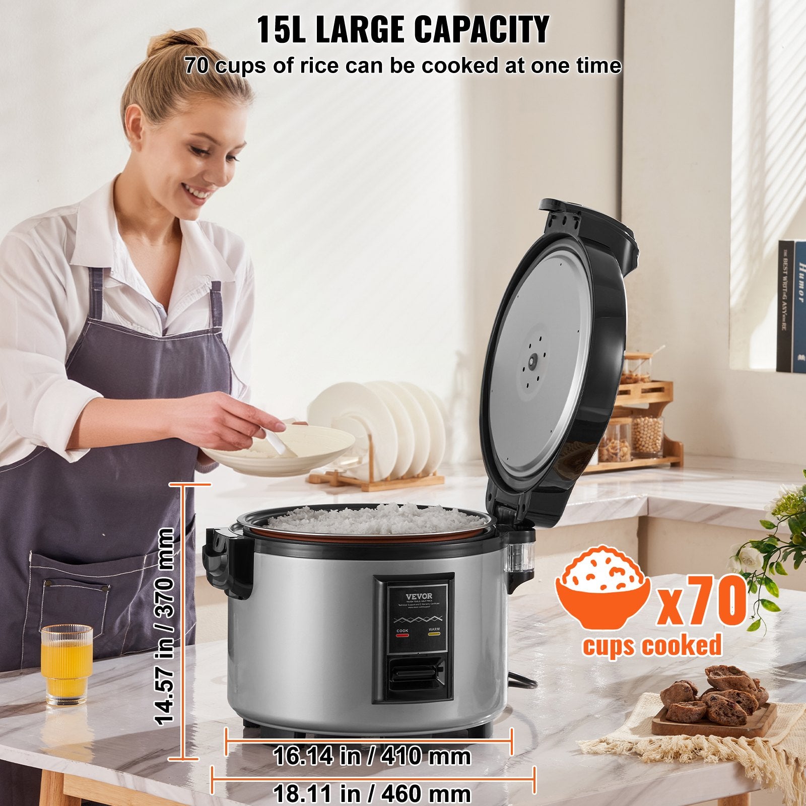 Commercial Rice Cooker, 70-Cup Rice Cooker, 15 Liter Large Rice Cooker and Warmer with Nonstick Inner Pot, Fast Cooking and 12-Hour Keep Warm, with Rice Cup and Paddle, for Restaurant