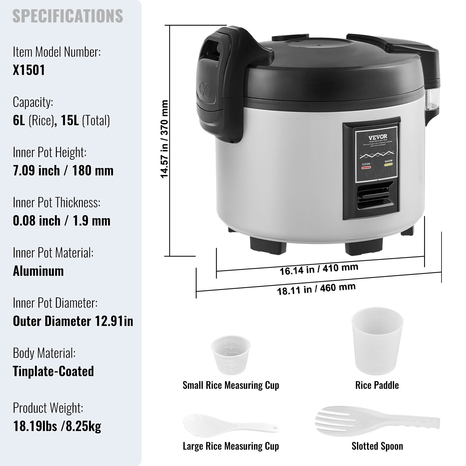 Commercial Rice Cooker, 70-Cup Rice Cooker, 15 Liter Large Rice Cooker and Warmer with Nonstick Inner Pot, Fast Cooking and 12-Hour Keep Warm, with Rice Cup and Paddle, for Restaurant