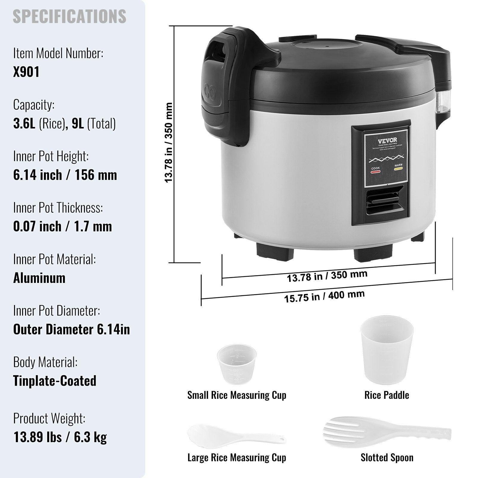 Commercial Rice Cooker, 45-Cup Rice Cooker, 9 Liter Large Rice Cooker and Warmer with Nonstick Inner Pot, Fast Cooking and 12-Hour Keep Warm, with Rice Cup and Paddle, for Restaurant