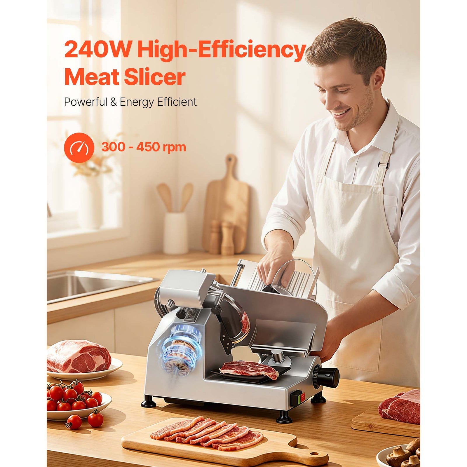Commercial Meat Slicer, 240W Electric Deli Food Slicer with 250mm Carbon Steel Blade, Built-In Sharpener & 0-12mm Adjustable Thickness for Frozen Meat, Ham, Baguett, Steak