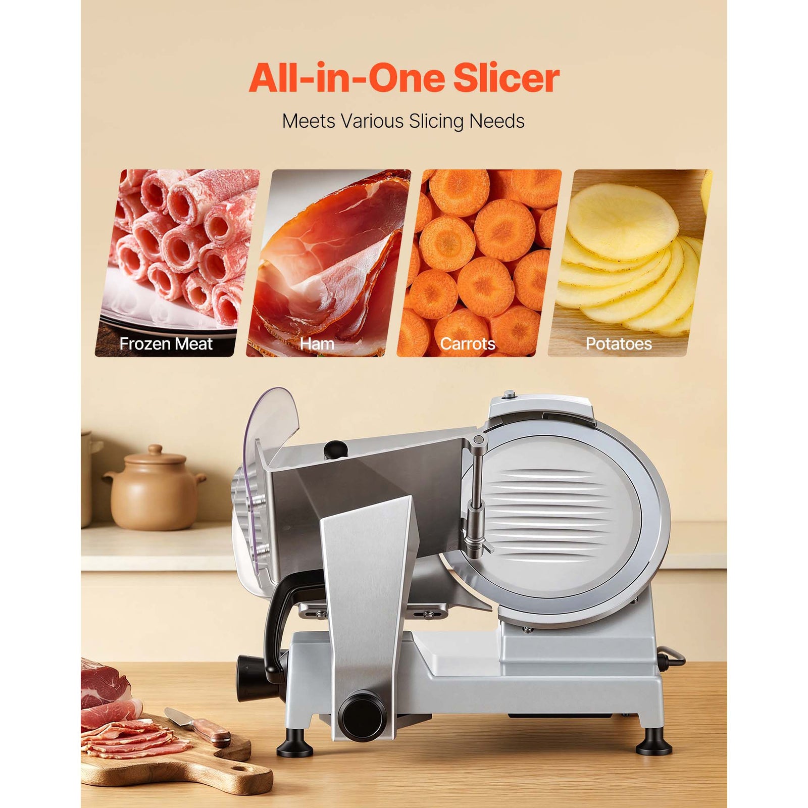 Commercial Meat Slicer, 240W Electric Deli Food Slicer with 250mm Carbon Steel Blade, Built-In Sharpener & 0-12mm Adjustable Thickness for Frozen Meat, Ham, Baguett, Steak