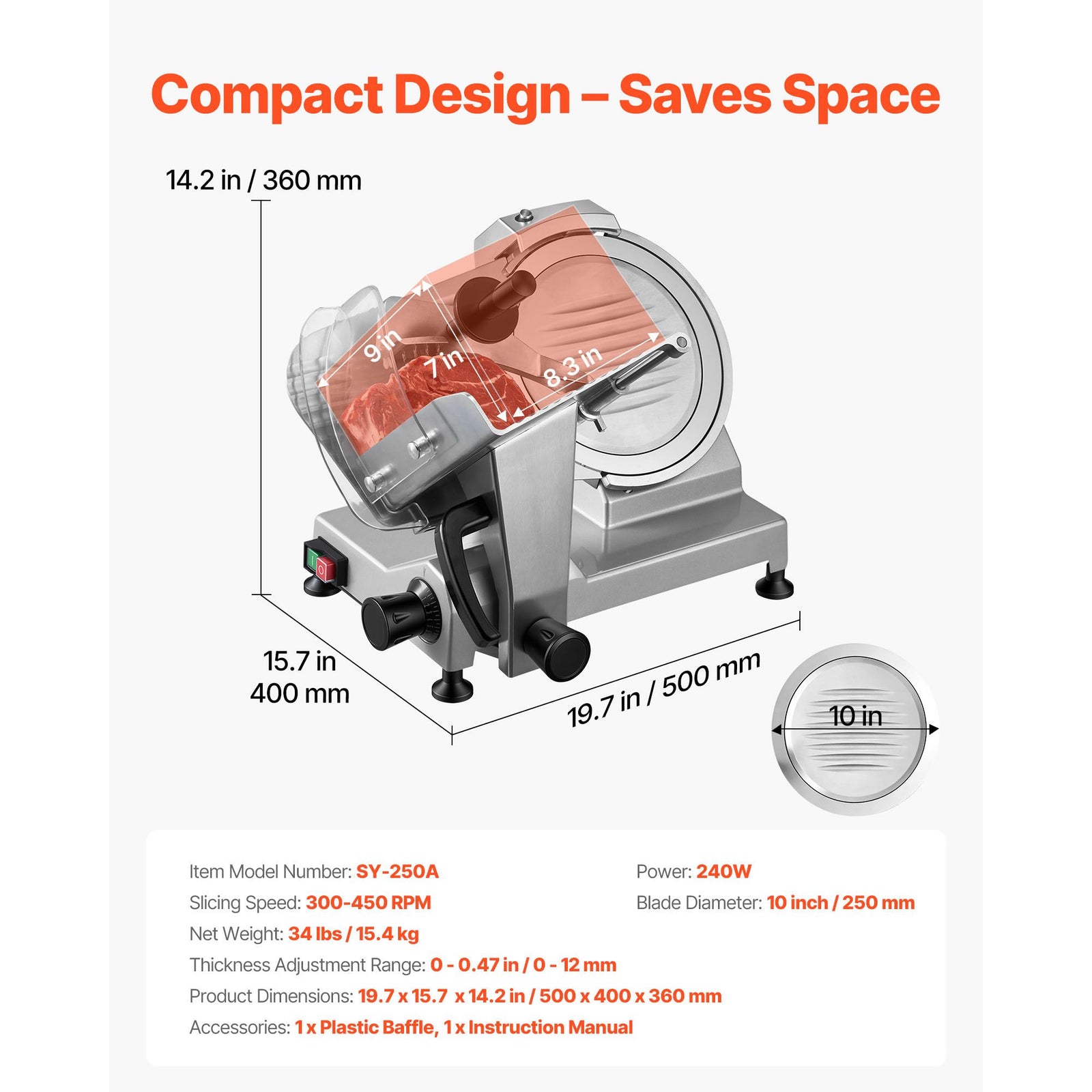 Commercial Meat Slicer, 240W Electric Deli Food Slicer with 250mm Carbon Steel Blade, Built-In Sharpener & 0-12mm Adjustable Thickness for Frozen Meat, Ham, Baguett, Steak