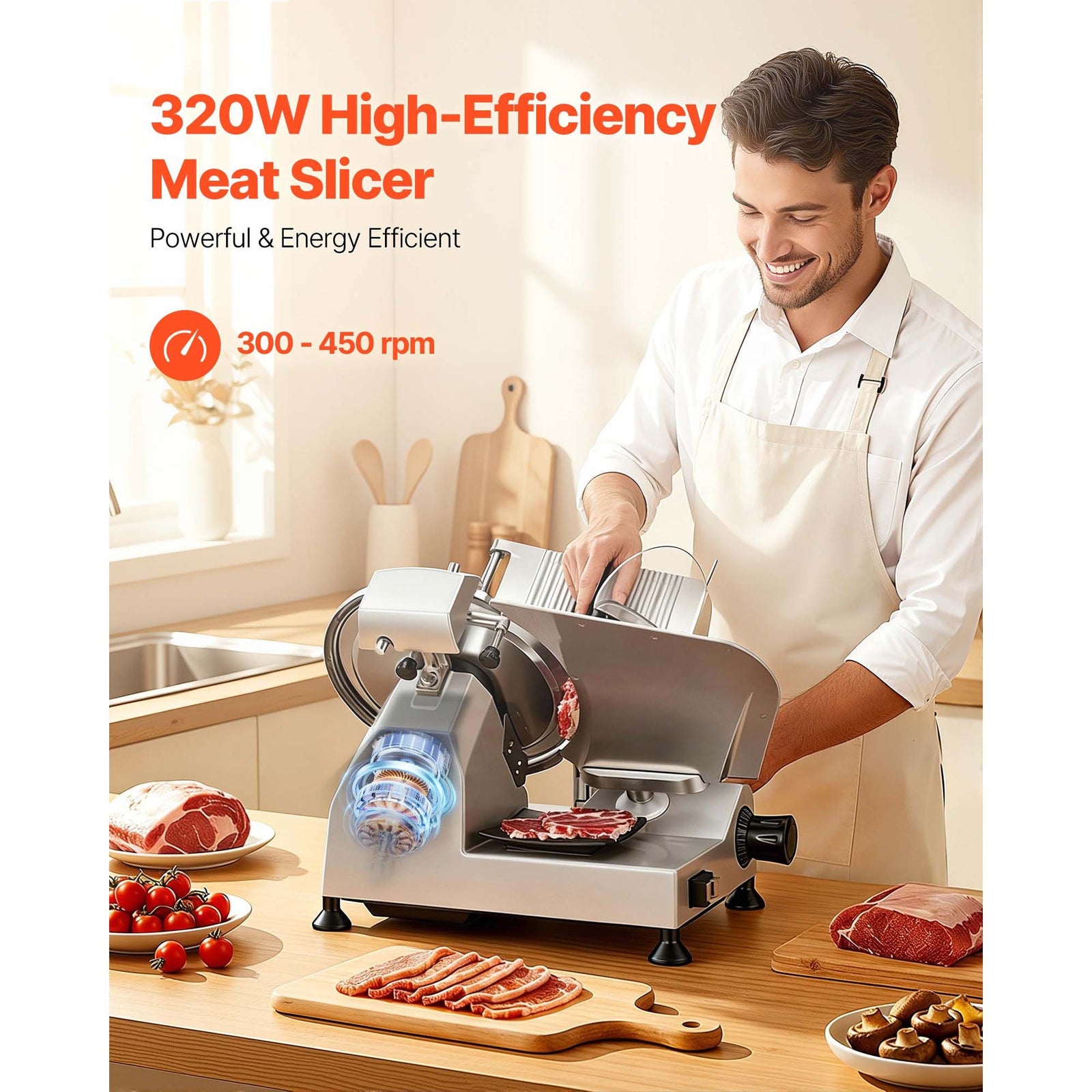 Commercial Meat Slicer, 320W Electric Deli Food Slicer with 300mm Carbon Steel Blade, Built-In Sharpener & 0-15mm Adjustable Thickness for Frozen Meat, Ham, Baguett, Steak