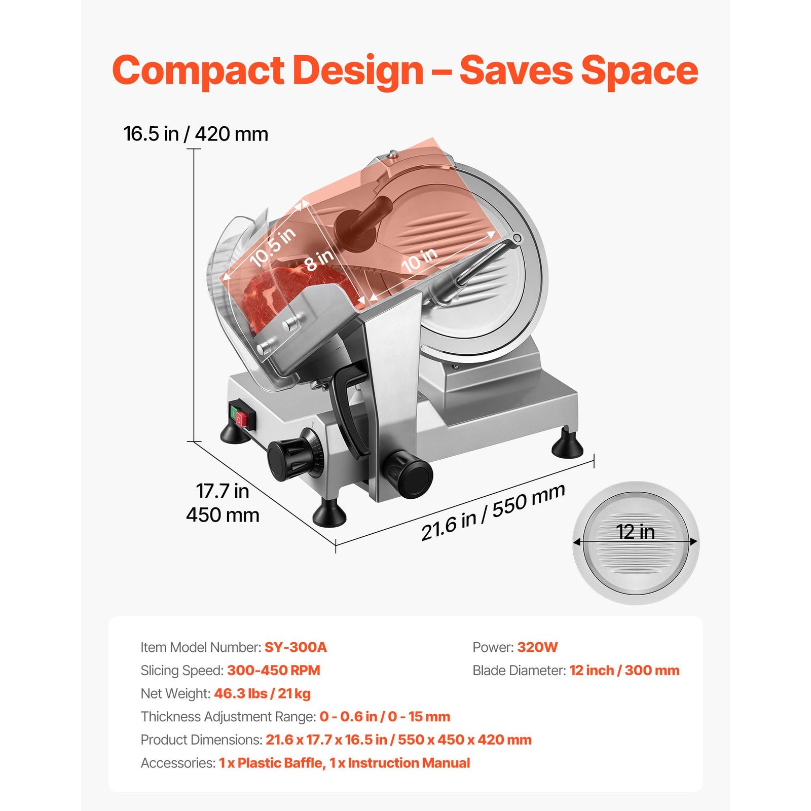 Commercial Meat Slicer, 320W Electric Deli Food Slicer with 300mm Carbon Steel Blade, Built-In Sharpener & 0-15mm Adjustable Thickness for Frozen Meat, Ham, Baguett, Steak