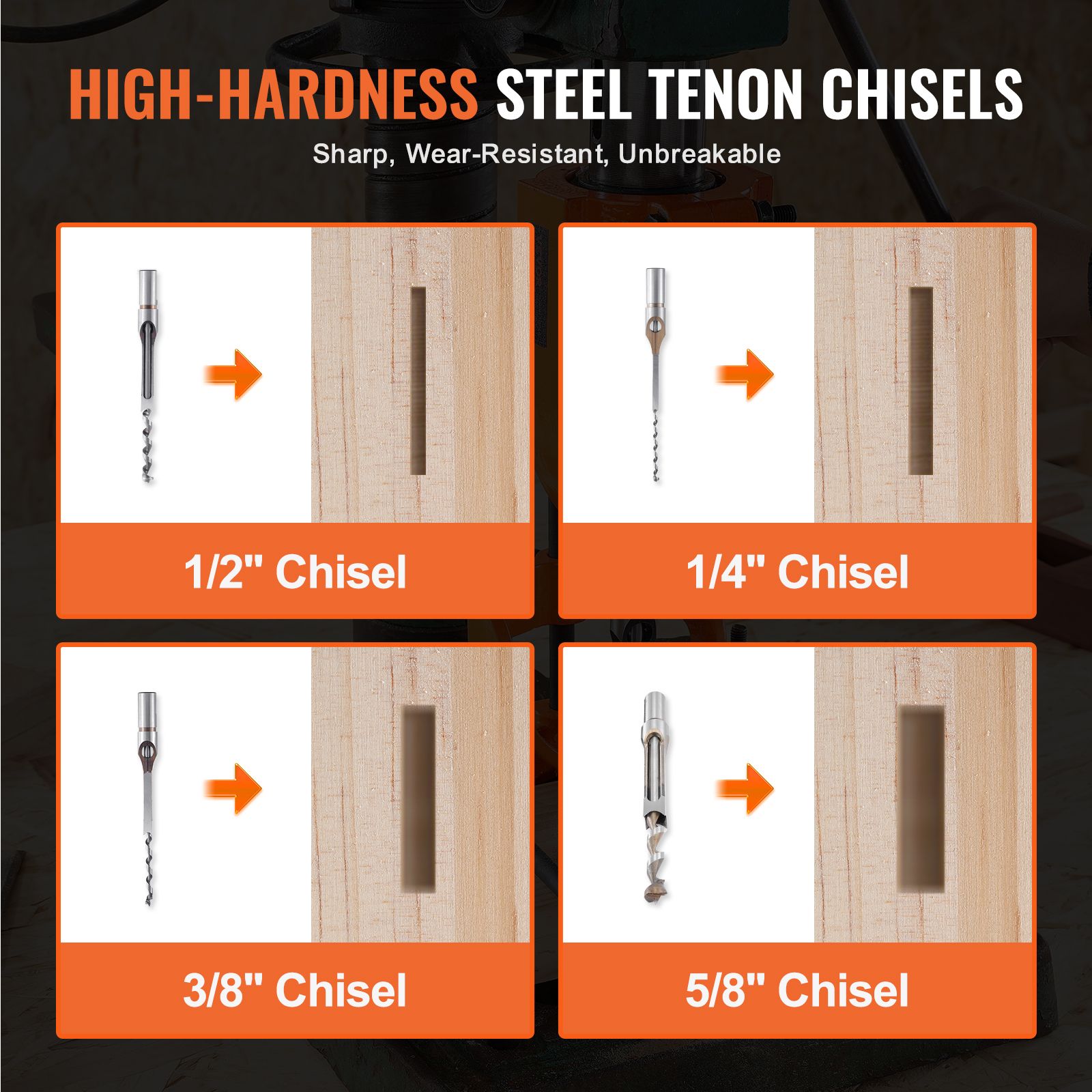 Drill Press Mortising Attachment Kit 4 Chisels Square Hole Woodworking