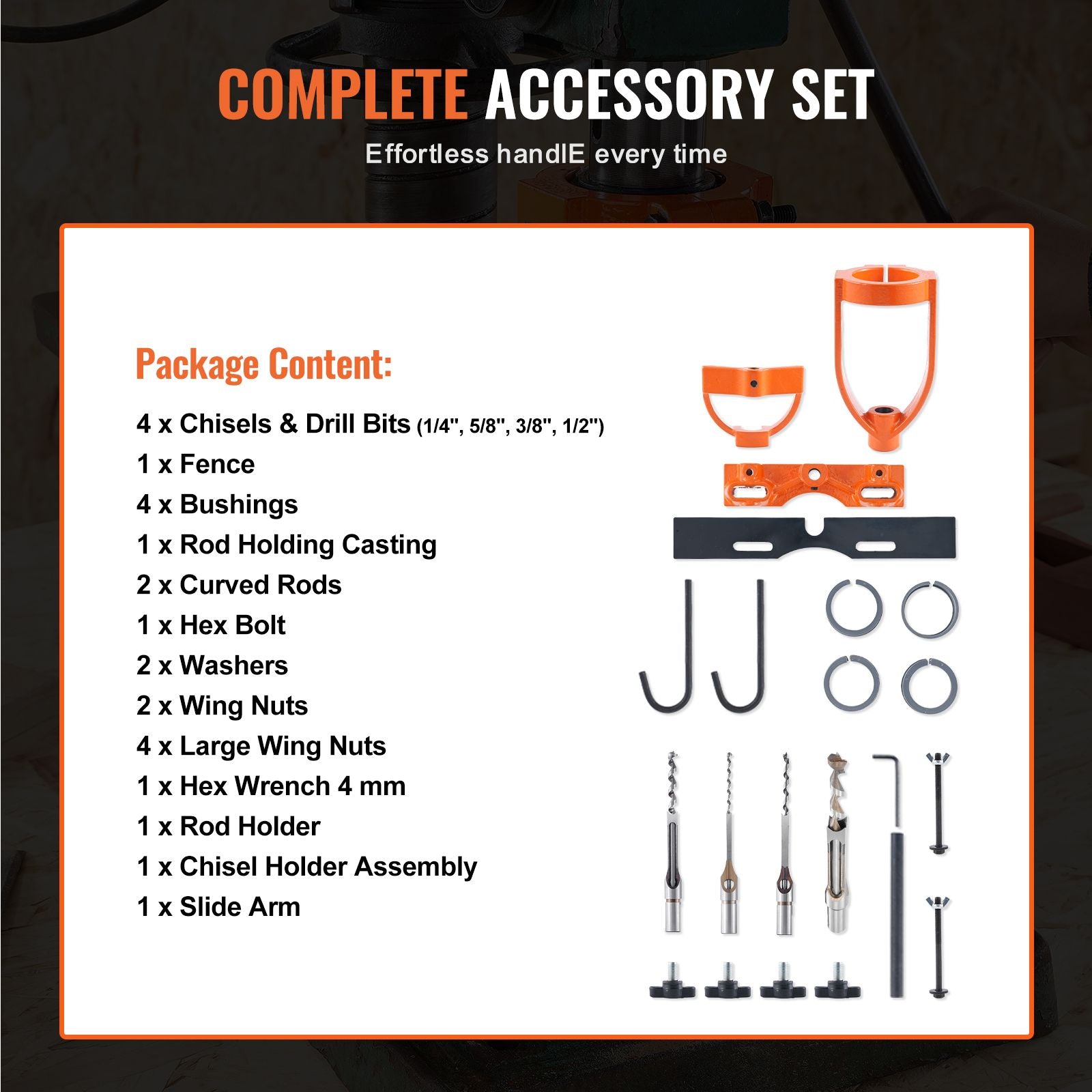 Drill Press Mortising Attachment Kit 4 Chisels Square Hole Woodworking