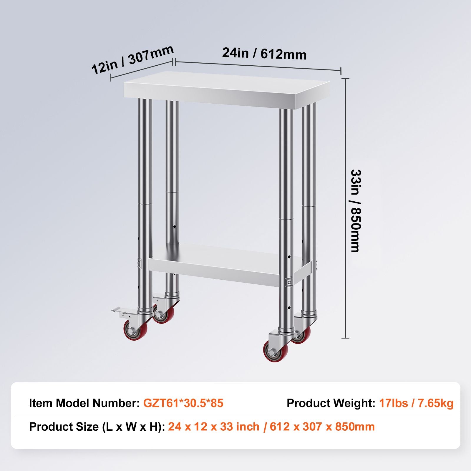 Stainless Steel Work Table with Wheels 24 x 12 x 32 Inch Prep Table with 4 Casters Heavy Duty Work Table for Commercial Kitchen Restaurant Business