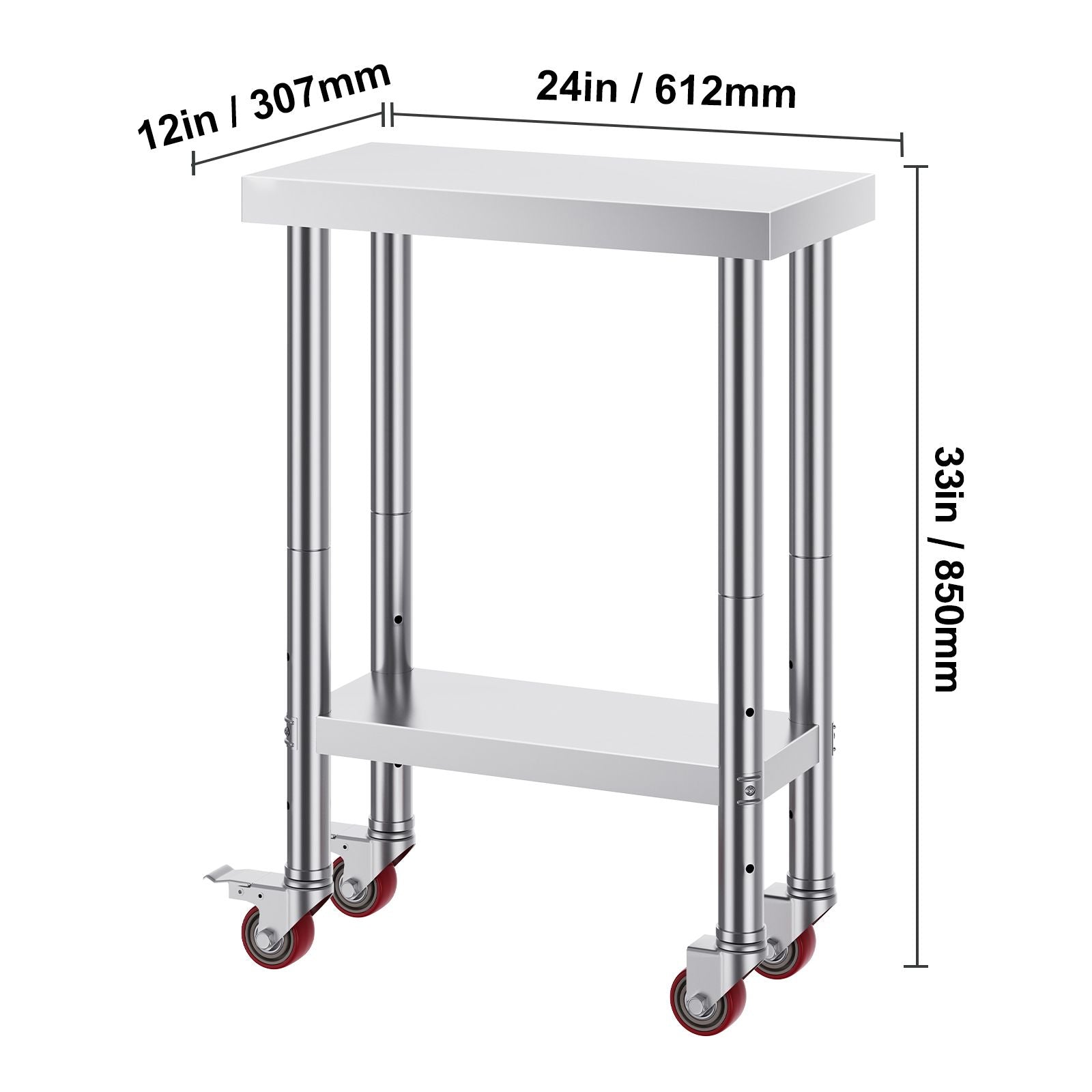 Stainless Steel Work Table with Wheels 24 x 12 x 32 Inch Prep Table with 4 Casters Heavy Duty Work Table for Commercial Kitchen Restaurant Business