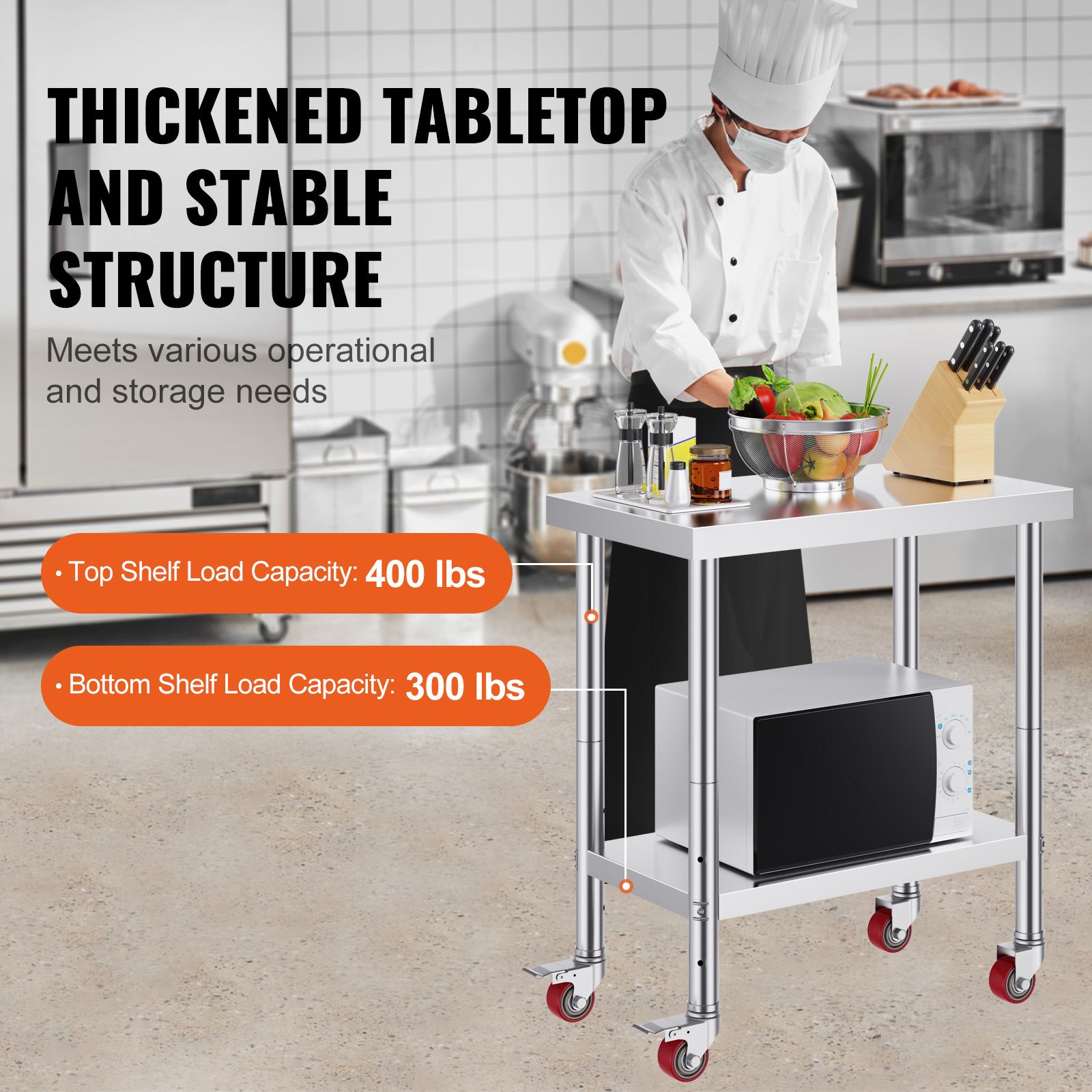 24 x 30 Stainless Steel Work Table with Wheels Heavy Duty Prep Table