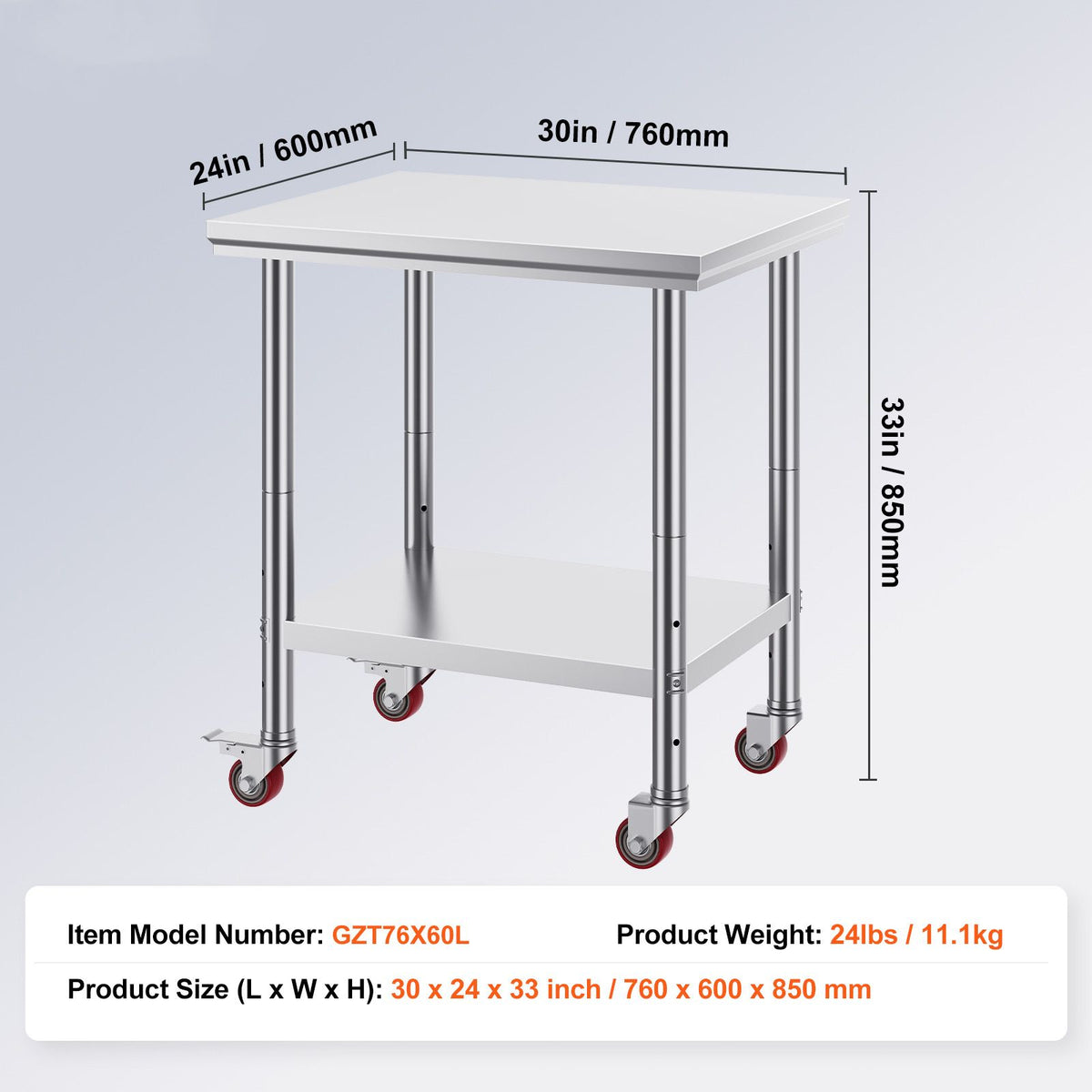 24 x 30 Stainless Steel Work Table with Wheels Heavy Duty Prep Table