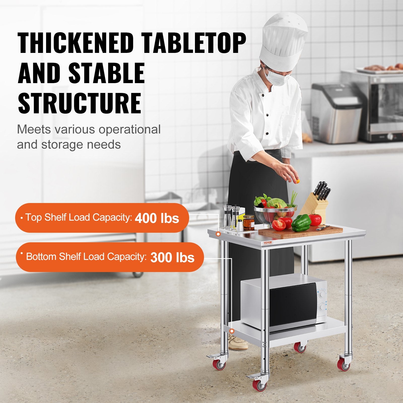 Stainless Steel Work Table with Wheels 24 x 30 Prep Table with casters Heavy Duty Work Table for Commercial Kitchen Restaurant Business (24 x 30 x 33.8 Inch)