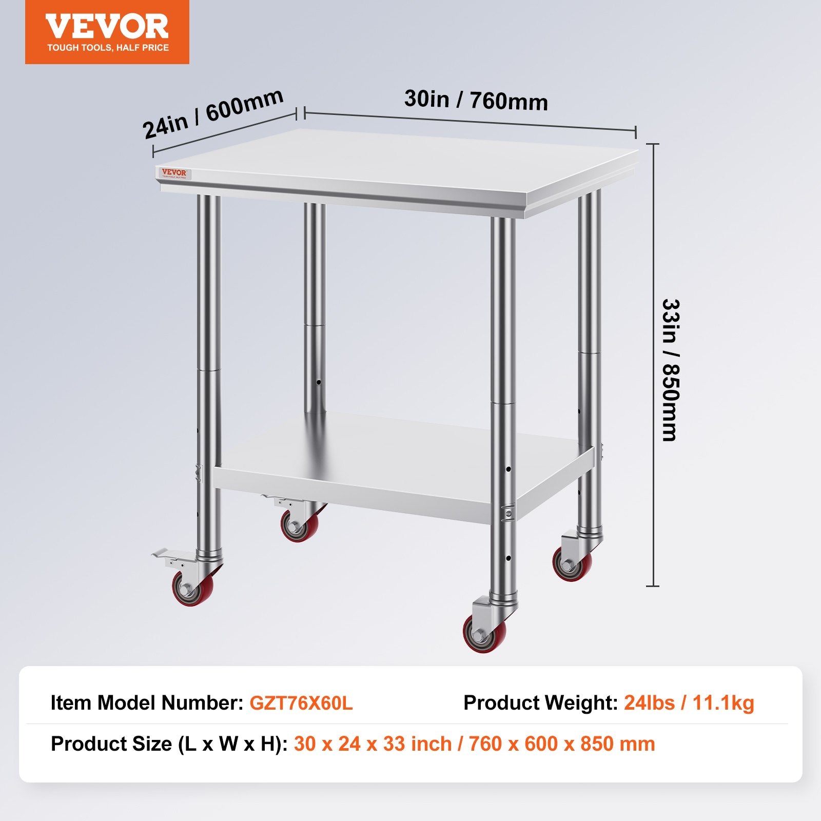 Stainless Steel Work Table with Wheels 24 x 30 Prep Table with casters Heavy Duty Work Table for Commercial Kitchen Restaurant Business (24 x 30 x 33.8 Inch)