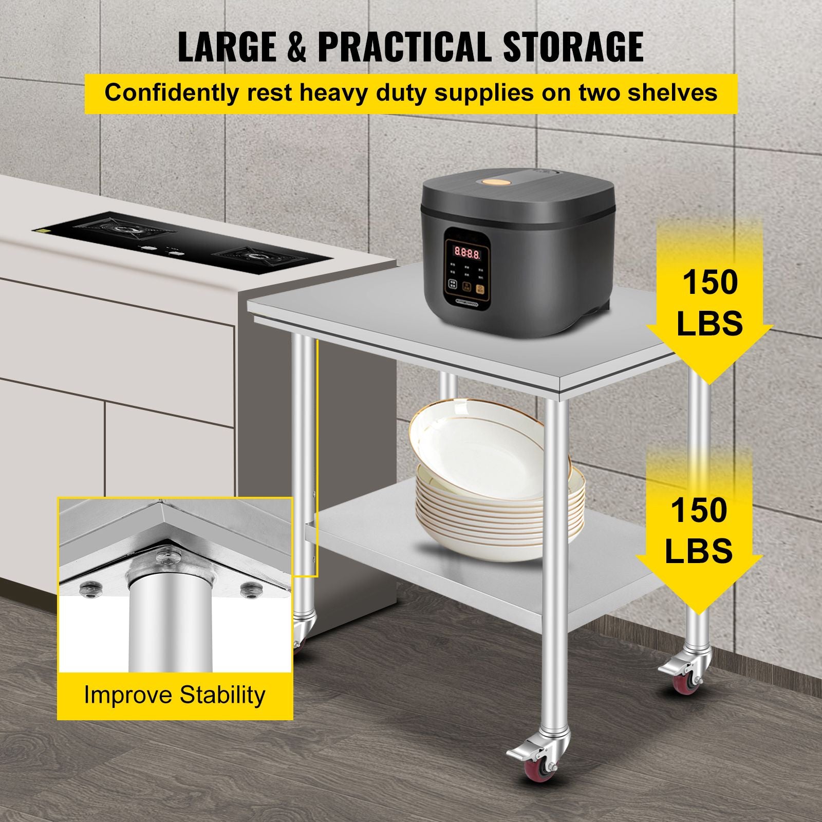 Stainless Steel Work Table 36x24 Inch with 4 Wheels Commercial Food Prep Worktable with Casters Heavy Duty Work Table for Commercial Kitchen Restaurant