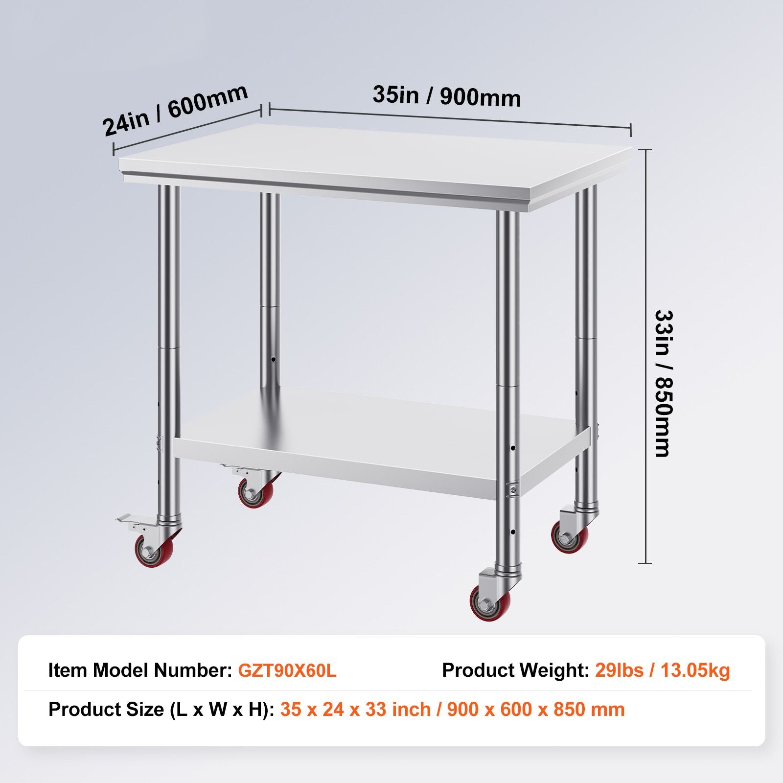 Stainless Steel Work Table 36x24 Inch with 4 Wheels Commercial Food Prep Worktable with Casters Heavy Duty Work Table for Commercial Kitchen Restaurant