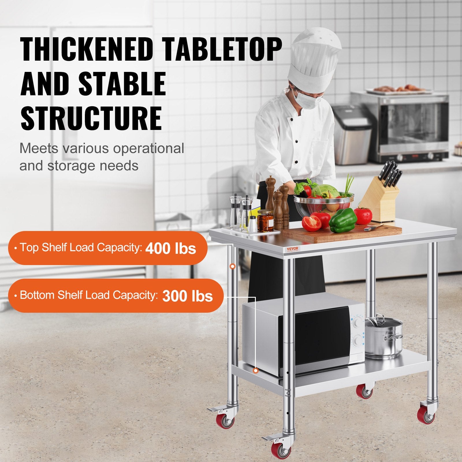 Stainless Steel Work Table 36x24 Inch with 4 Wheels Commercial Food Prep Worktable with Casters Heavy Duty Work Table for Commercial Kitchen Restaurant
