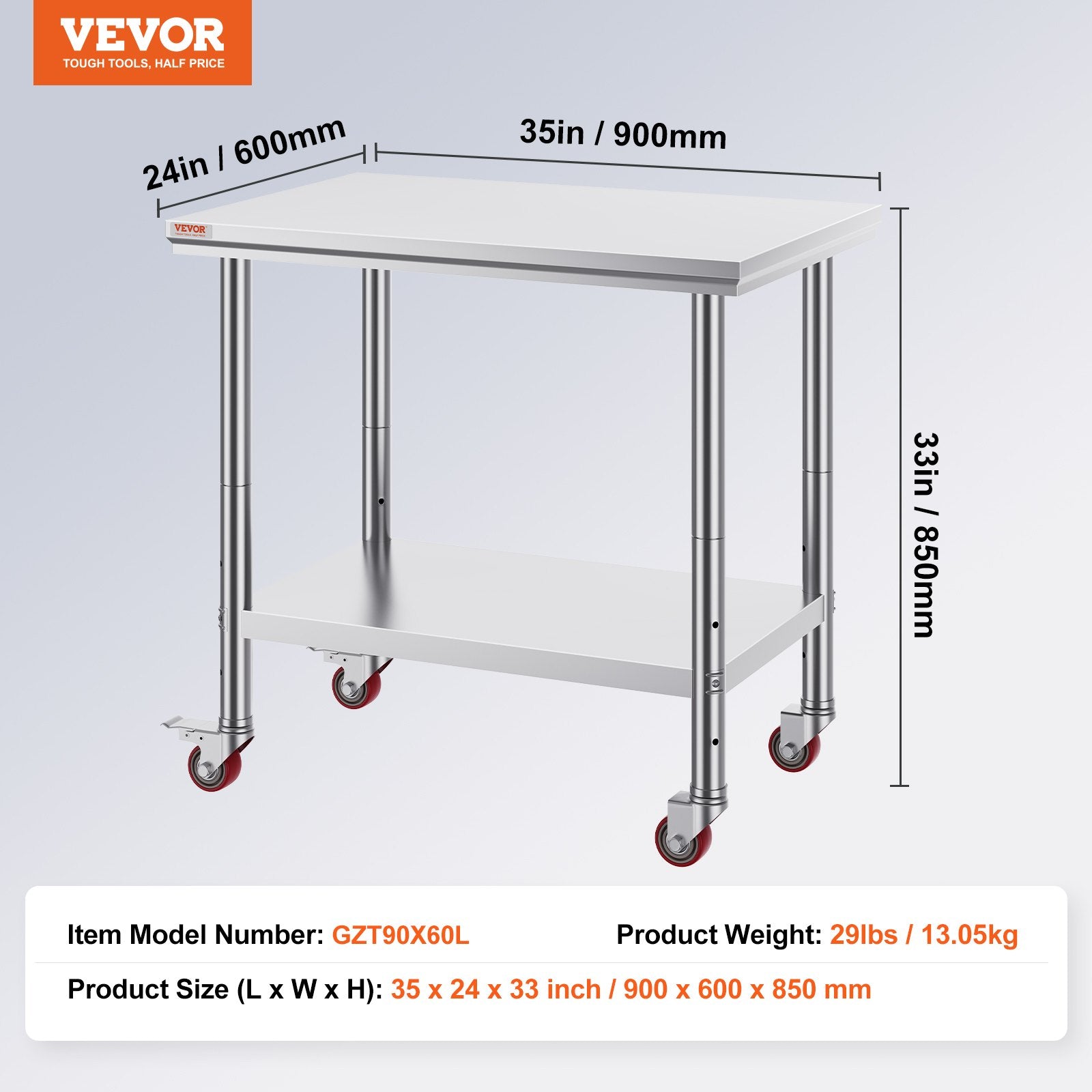 Stainless Steel Work Table 36x24 Inch with 4 Wheels Commercial Food Prep Worktable with Casters Heavy Duty Work Table for Commercial Kitchen Restaurant