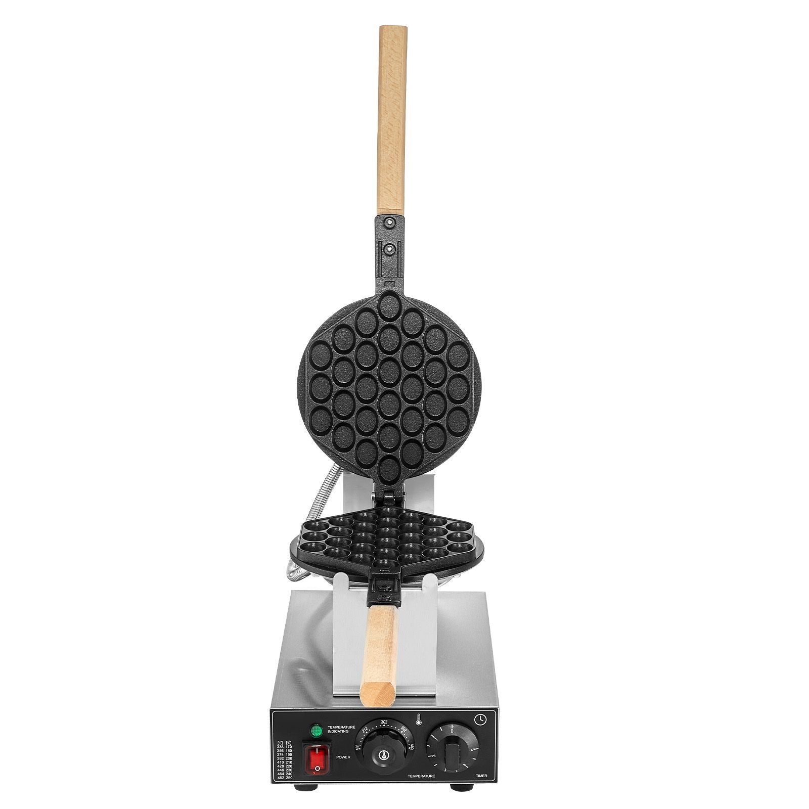 Commercial Bubble Waffle Maker, 1400W Egg Pancake Baker Machine, Non-Stick Stainless Steel Egg Bubble Puff, 180° Rotatable, Temp and Time Control, Wooden Handle, for Restaurant Bakery Snack Bar