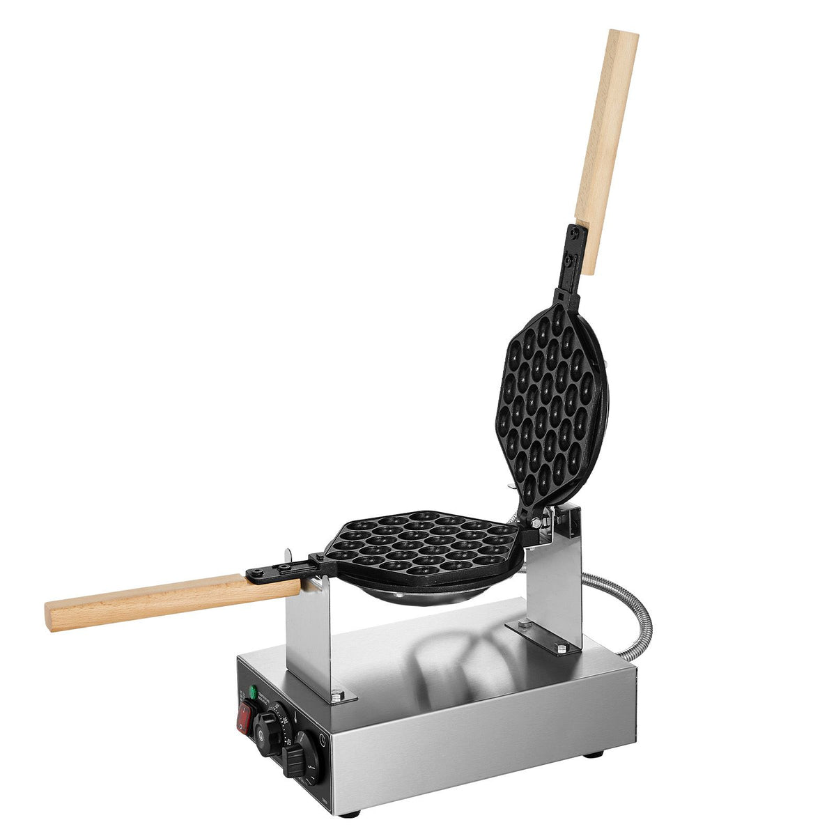 Commercial Bubble Waffle Maker, 1400W Egg Pancake Baker Machine, Non-Stick Stainless Steel Egg Bubble Puff, 180° Rotatable, Temp and Time Control, Wooden Handle, for Restaurant Bakery Snack Bar