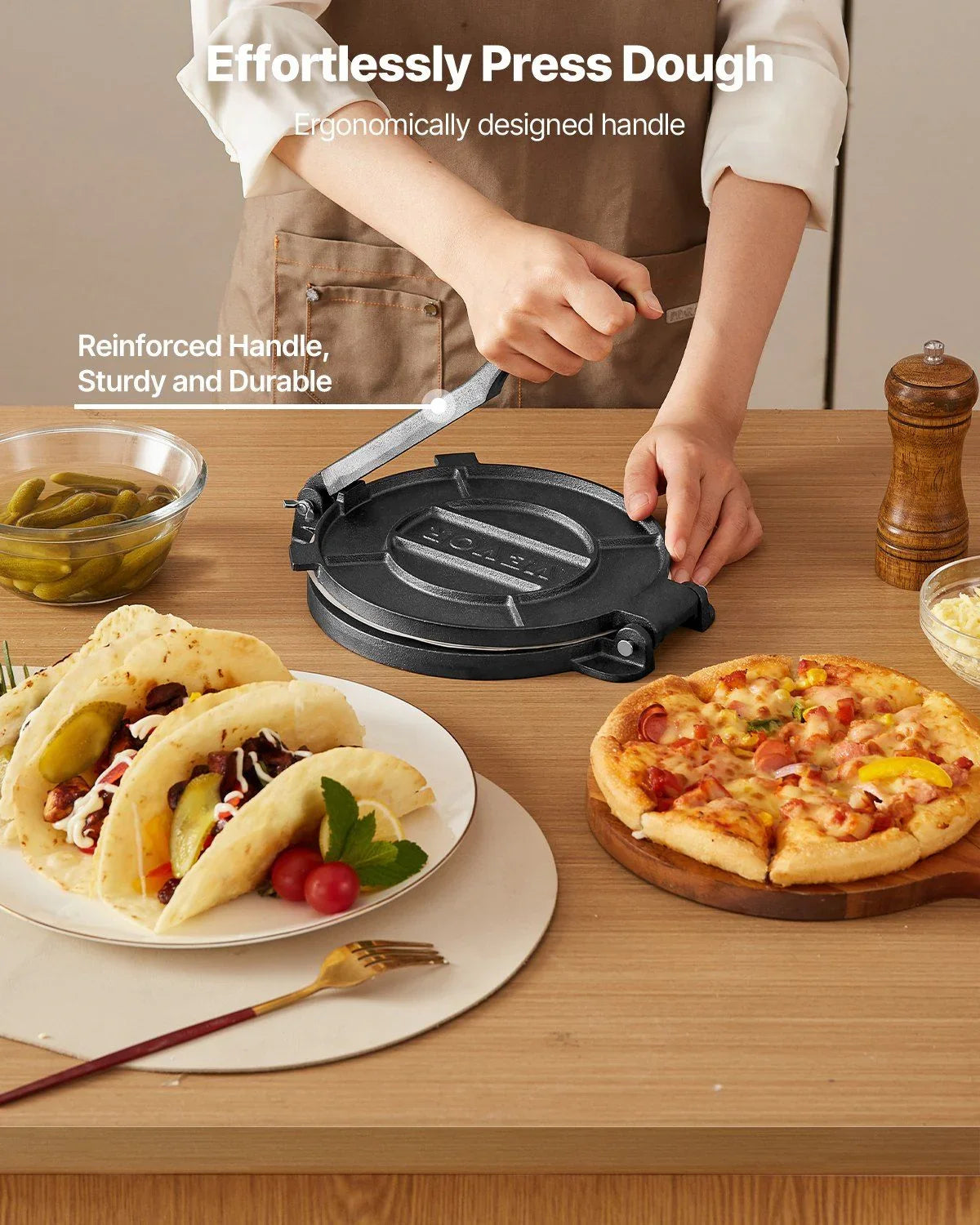 Tortilla Press, 250mm Cast Iron Tortilla and Roti Maker, Heavy Duty Tortilladora Press, Pataconera Makers with Handle and 100 Pcs Parchment Paper, Dough Taco Press for Flour Tortilla, Tawa
