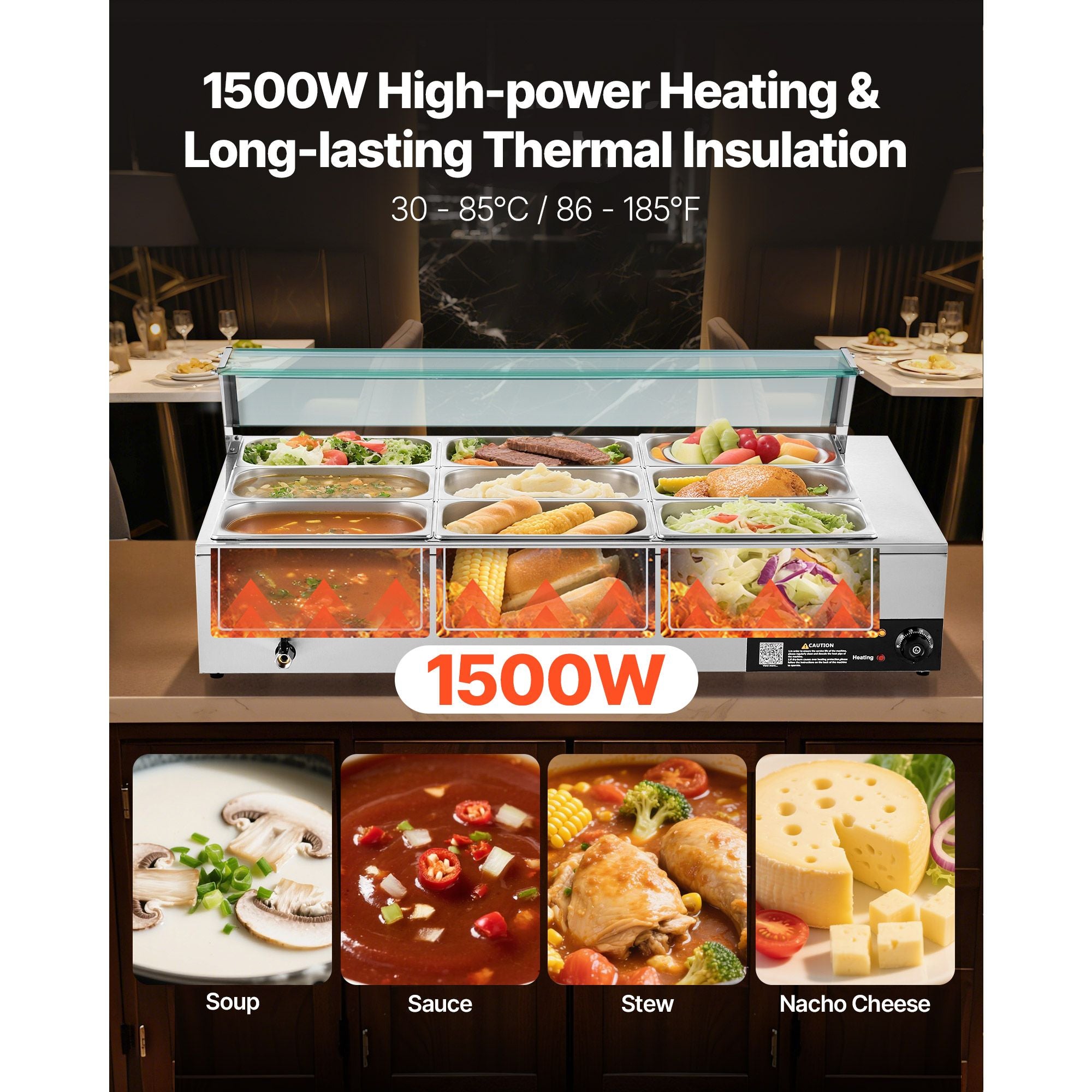 Commercial Food Warmer, 1500W Electric Stainless Steel Steam Food Warmer with Glass Cover, 9-Pan Countertop Buffet Bain Marie with Soup & Perforated Ladles, for Catering, Restaurant & Party