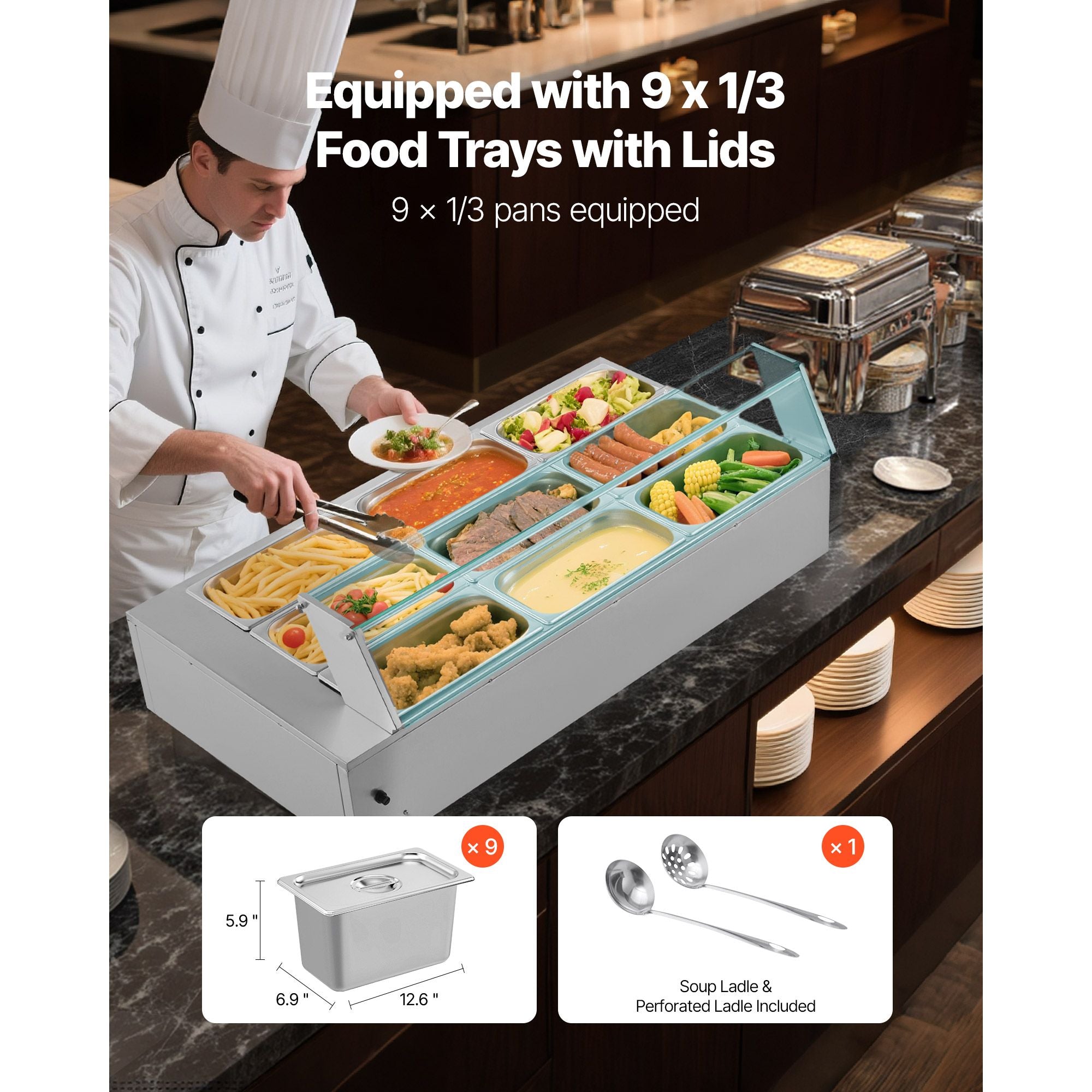 Commercial Food Warmer, 1500W Electric Stainless Steel Steam Food Warmer with Glass Cover, 9-Pan Countertop Buffet Bain Marie with Soup & Perforated Ladles, for Catering, Restaurant & Party
