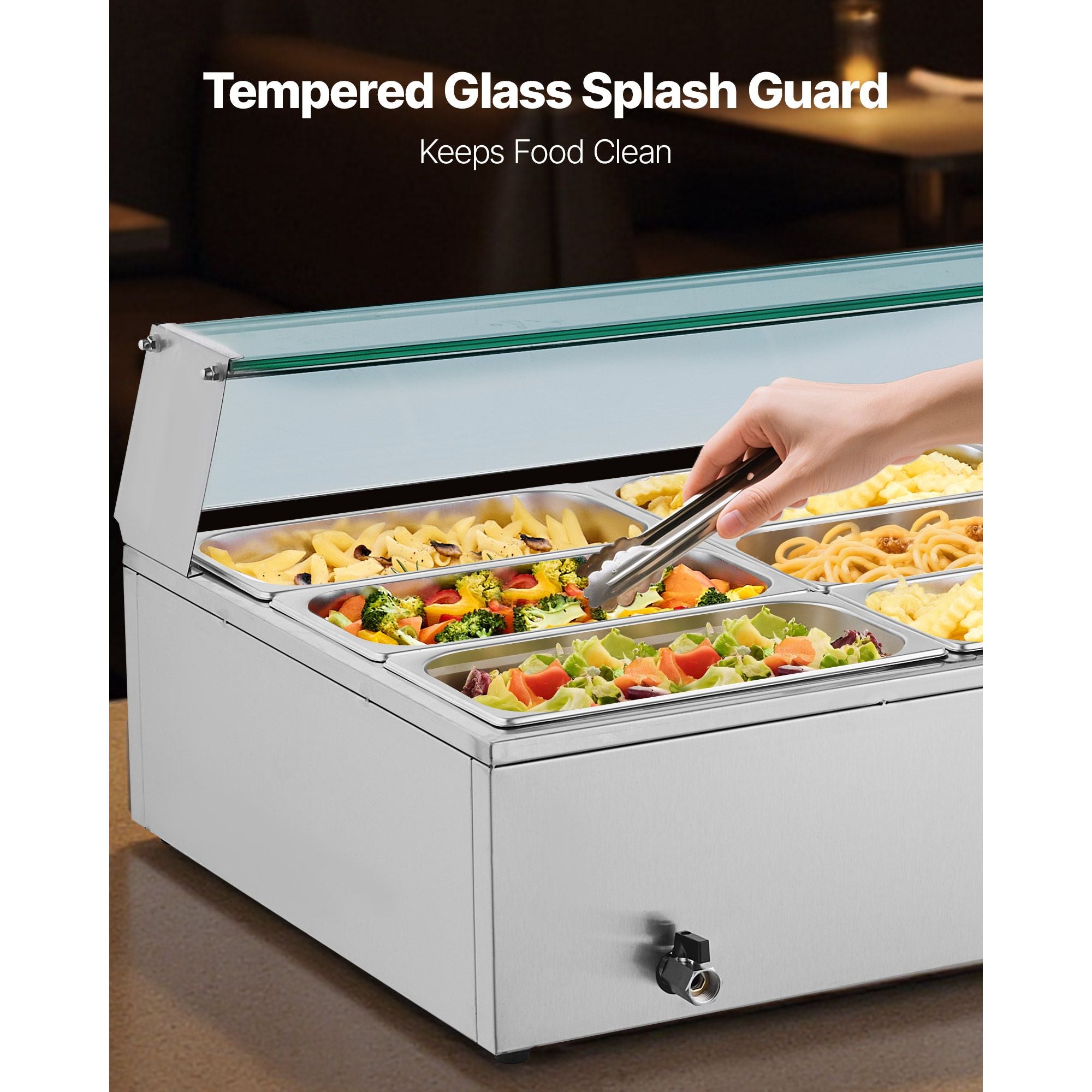 Commercial Food Warmer, 1500W Electric Stainless Steel Steam Food Warmer with Glass Cover, 9-Pan Countertop Buffet Bain Marie with Soup & Perforated Ladles, for Catering, Restaurant & Party