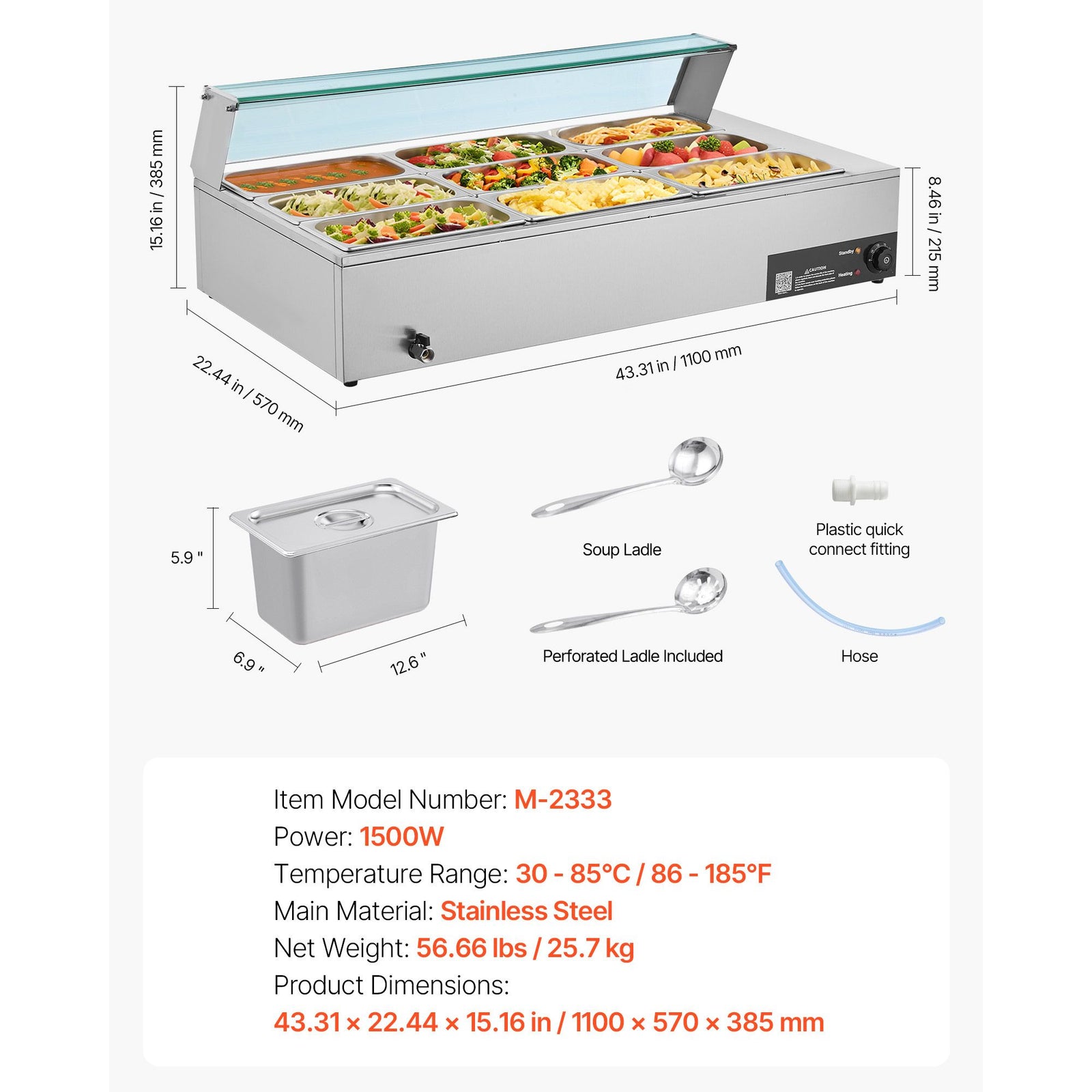 Commercial Food Warmer, 1500W Electric Stainless Steel Steam Food Warmer with Glass Cover, 9-Pan Countertop Buffet Bain Marie with Soup & Perforated Ladles, for Catering, Restaurant & Party