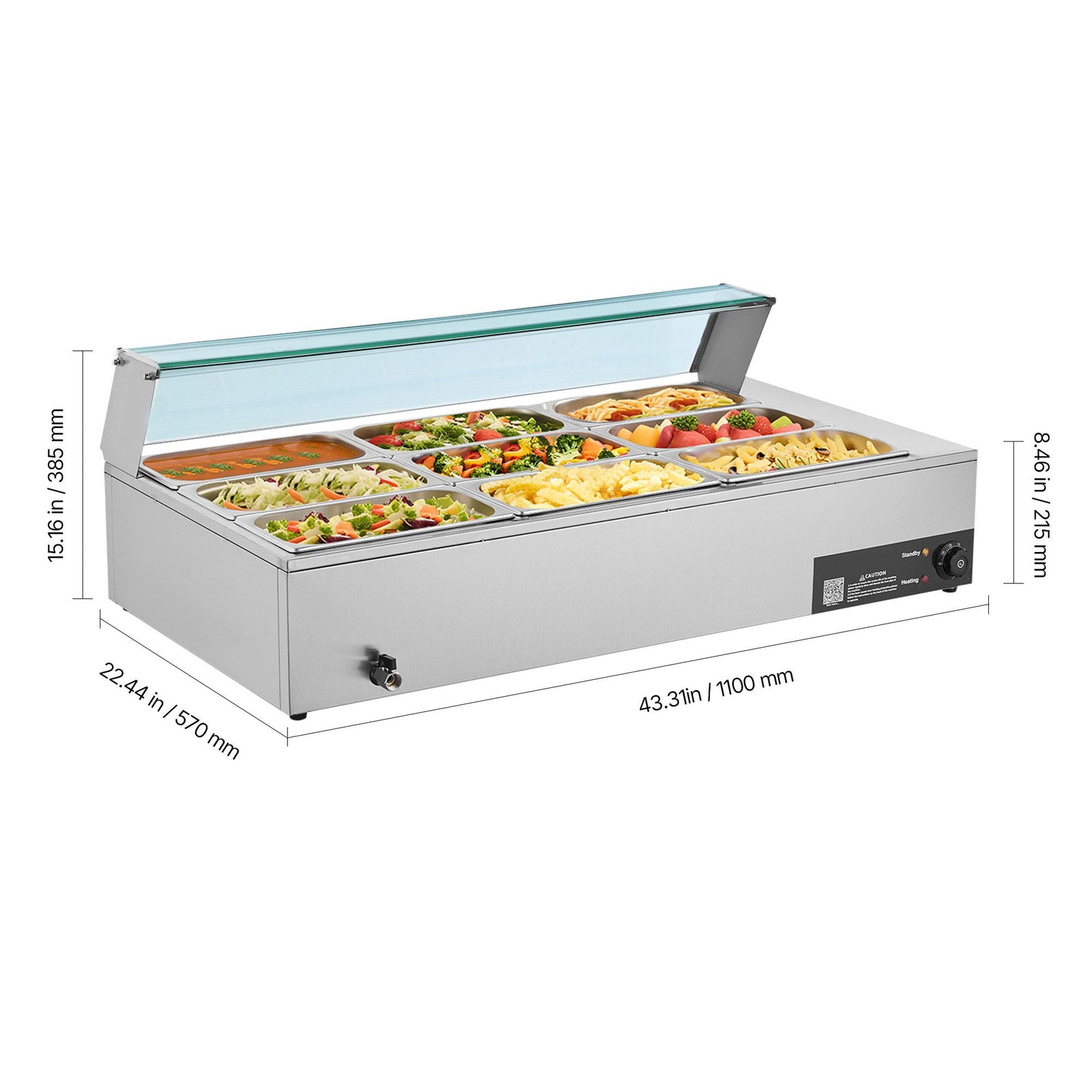 Commercial Food Warmer, 1500W Electric Stainless Steel Steam Food Warmer with Glass Cover, 9-Pan Countertop Buffet Bain Marie with Soup & Perforated Ladles, for Catering, Restaurant & Party