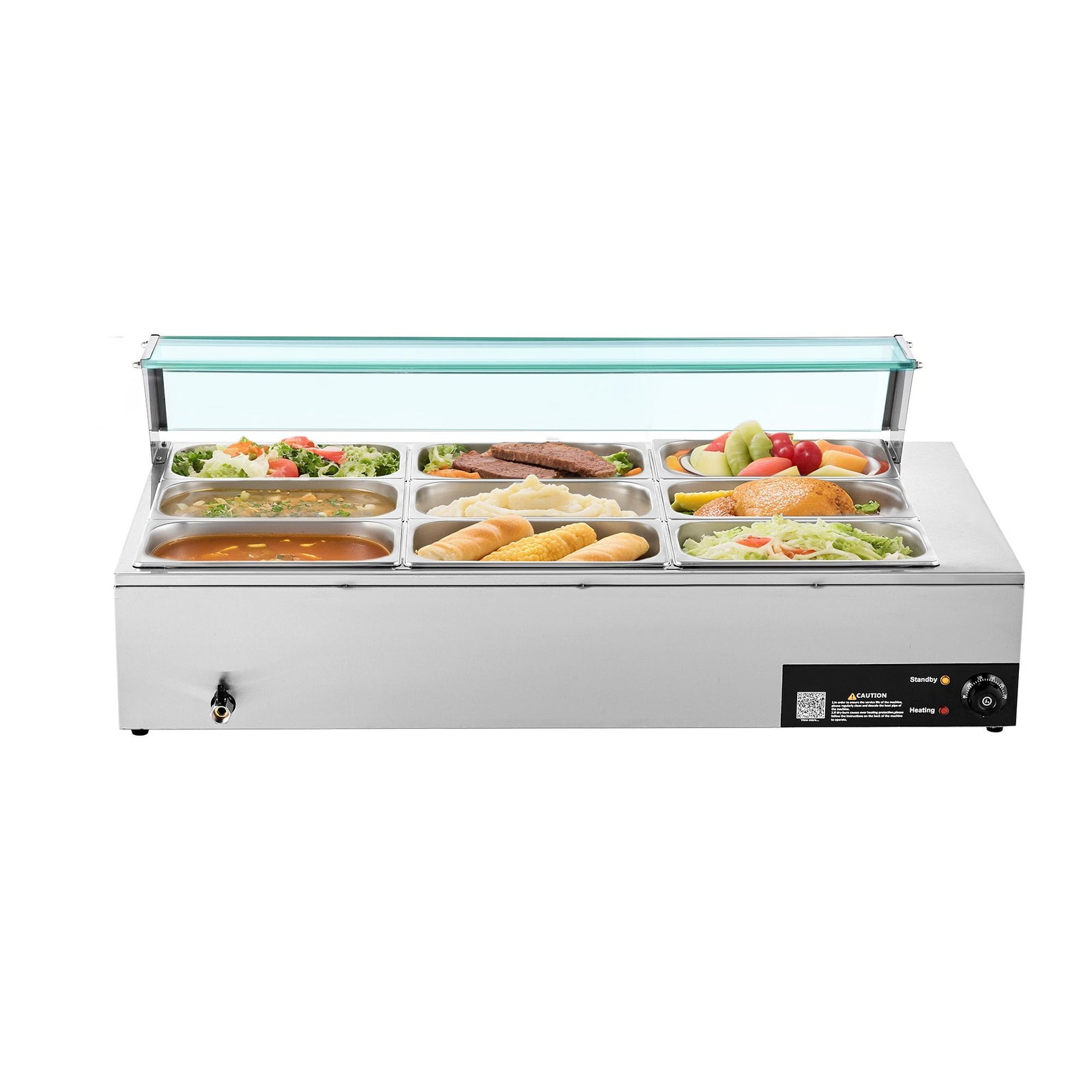 Commercial Food Warmer, 1500W Electric Stainless Steel Steam Food Warmer with Glass Cover, 9-Pan Countertop Buffet Bain Marie with Soup & Perforated Ladles, for Catering, Restaurant & Party