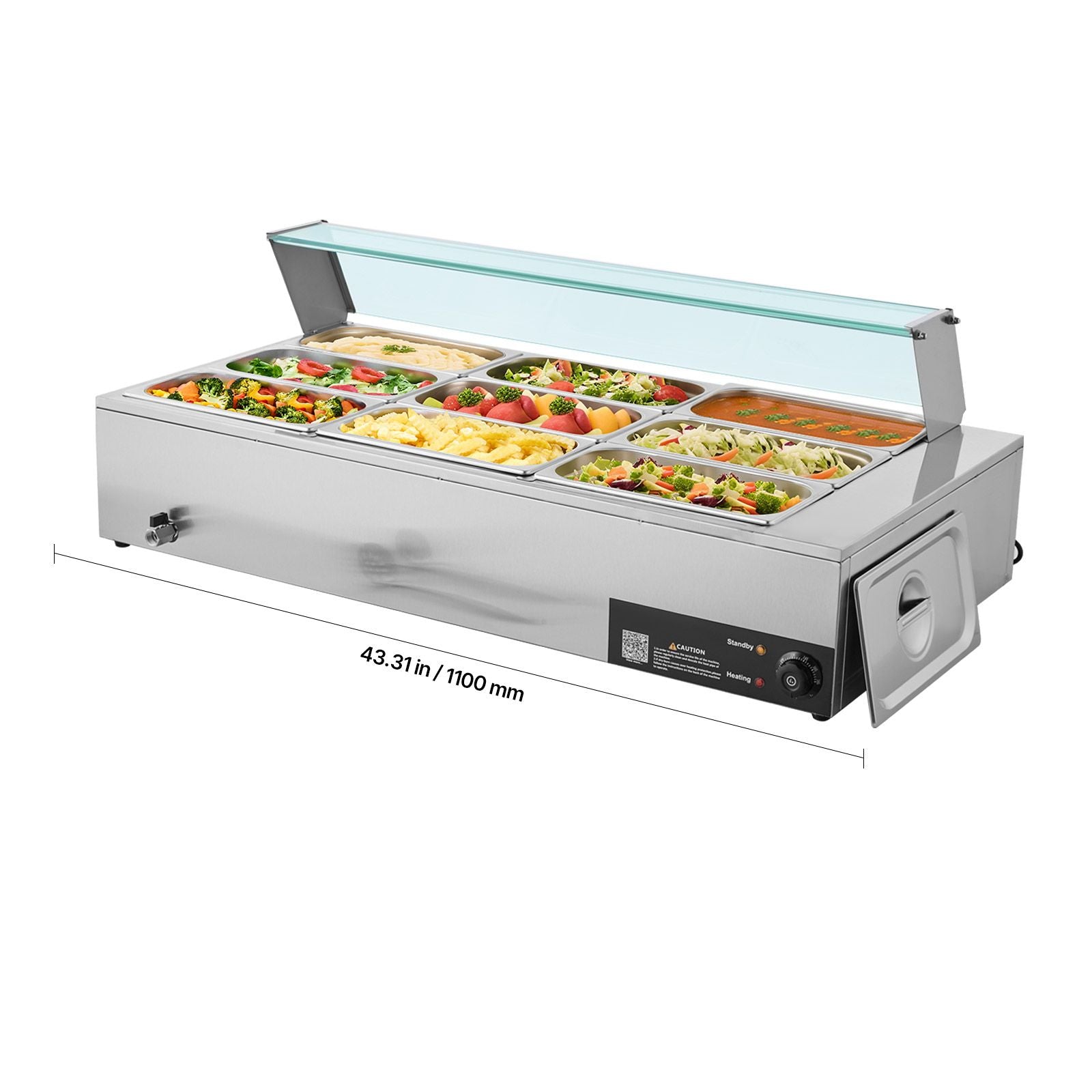 Commercial Food Warmer, 1500W Electric Stainless Steel Steam Food Warmer with Glass Cover, 9-Pan Countertop Buffet Bain Marie with Soup & Perforated Ladles, for Catering, Restaurant & Party