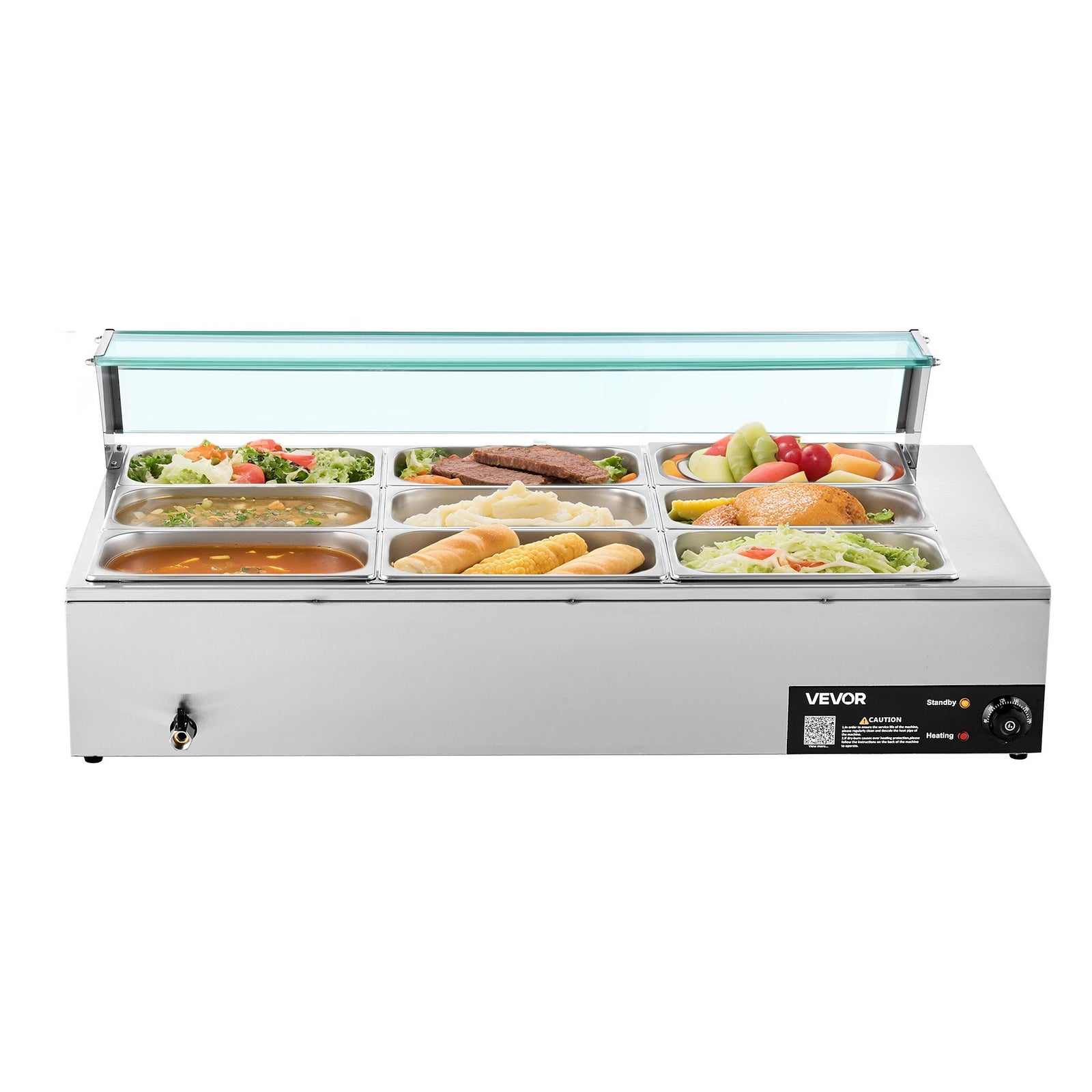 Commercial Food Warmer, 1500W Electric Stainless Steel Steam Food Warmer with Glass Cover, 9-Pan Countertop Buffet Bain Marie with Soup & Perforated Ladles, for Catering, Restaurant & Party