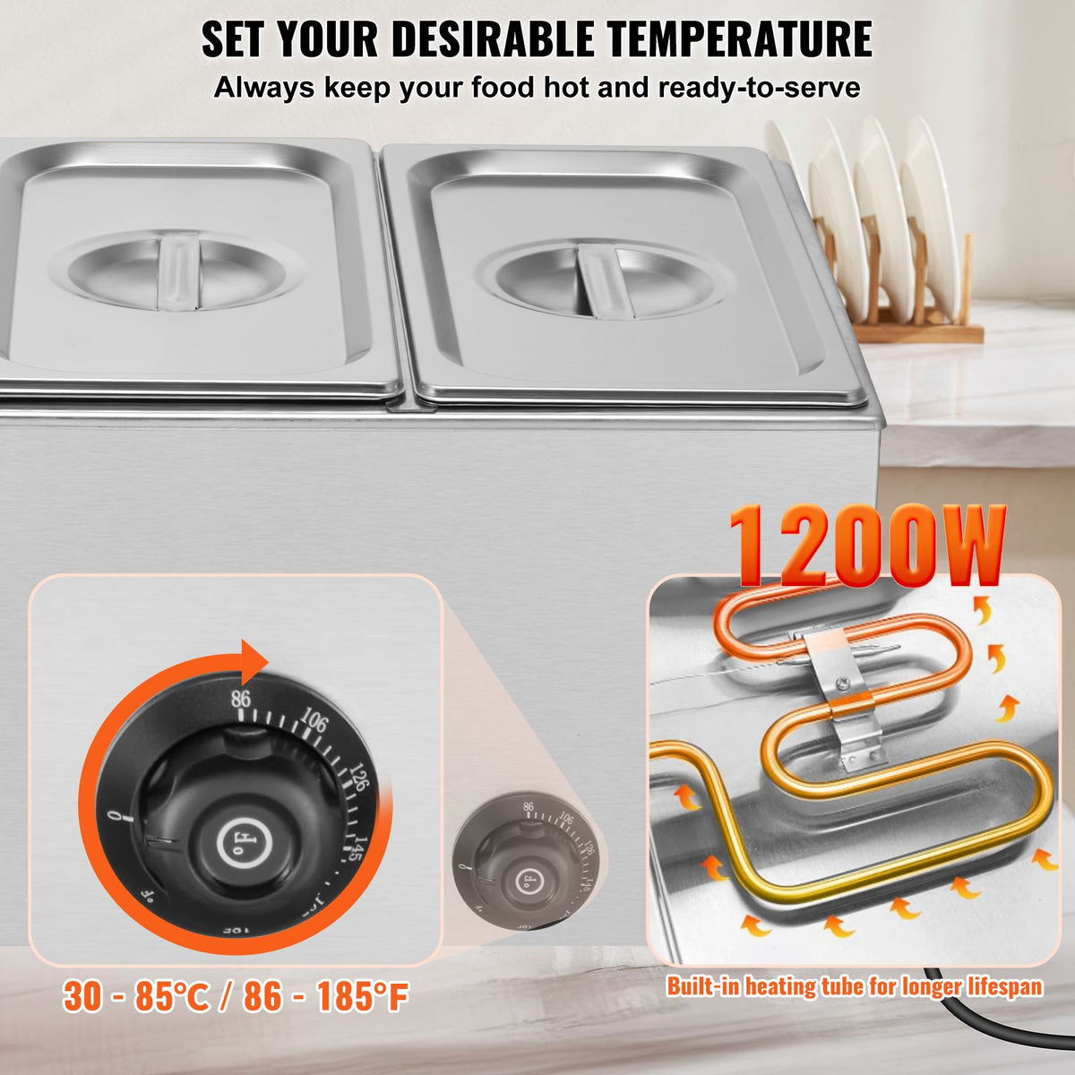 3-Pan Commercial Food Warmer, 16.5L Electric Steam Table, 1200W Professional Countertop Stainless Steel Buffet Bain Marie with 30 - 85℃ Temp Control for Catering and Restaurants, Silver